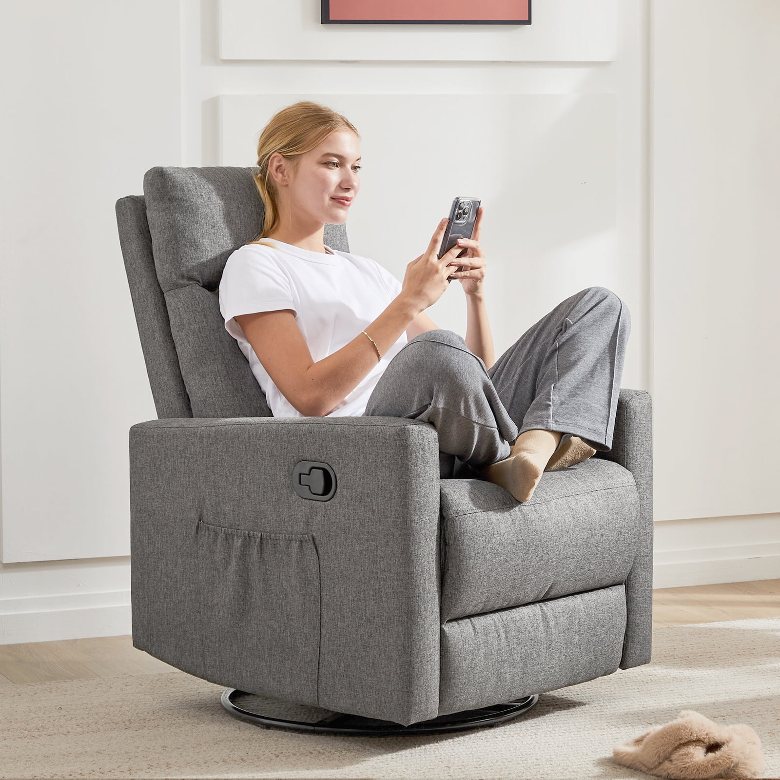 Recliner Message Chair with Footrest, Swivel Rocking Glider, High Back Upholstered Deep Seat for Living Room, Grey - Image 8
