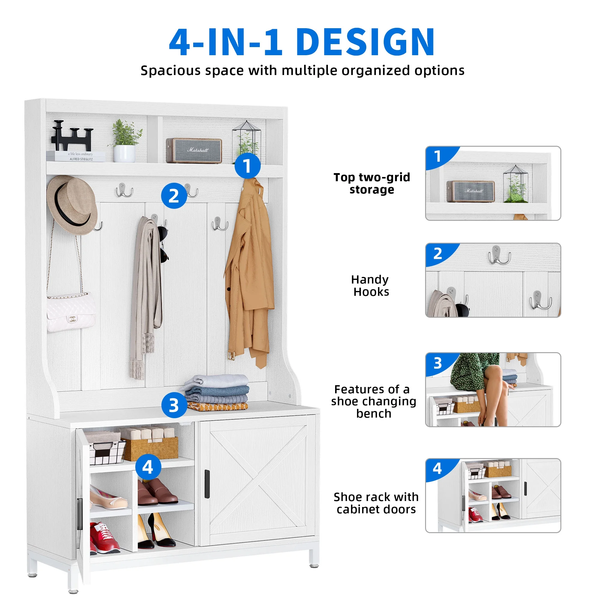 Dextrus 4-in-1 Farmhouse Hall Tree with Storage Bench & Coat Rack, 14 Hooks, Shoe Cabinet, White