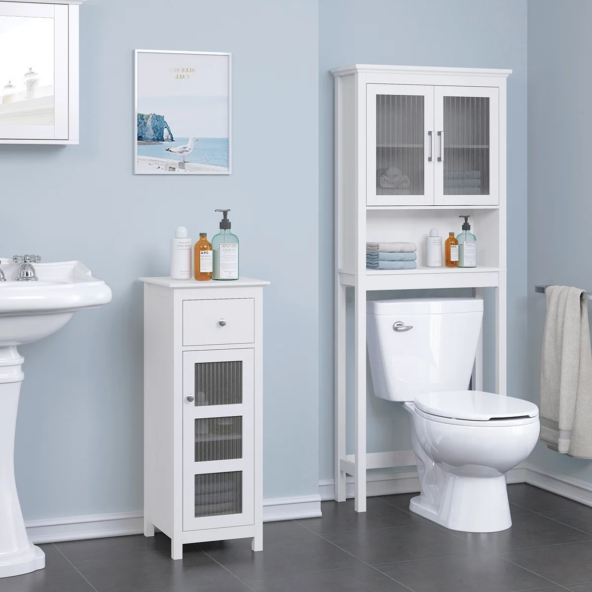 Spirich Bathroom Cabinets over the Toilet Shelf, Freestanding Space Saver Organizer with Tempered Glass for Bathroom White