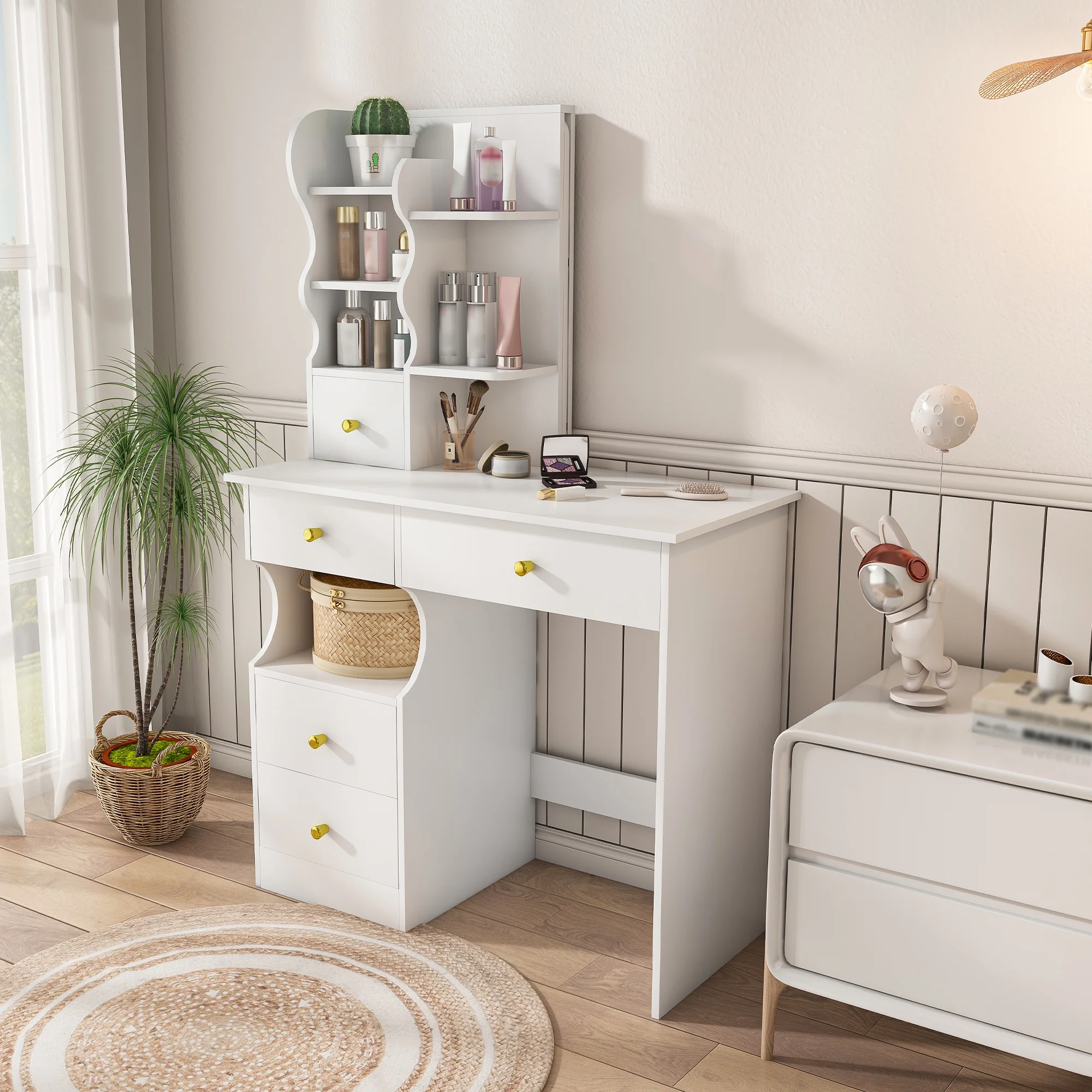 Montary Modern Mini Vanity w/Adjustable LED Mirror + Hidden Storage, Padded Stool & Dustproof Shelves (White) - Image 37
