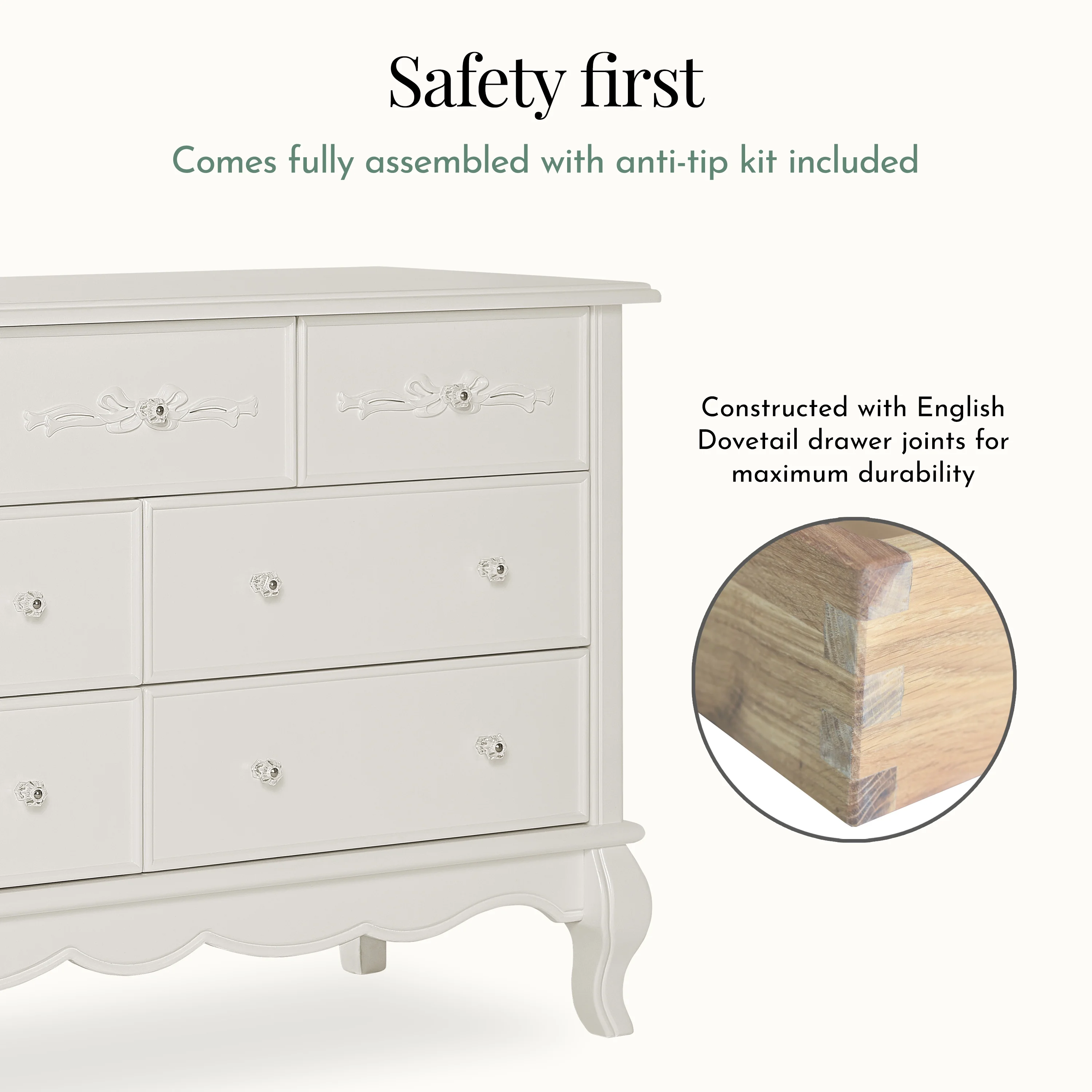 Evolur Aurora 7-Drawer Double Dresser in Ivory Lace, Spacious Drawers - Image 10
