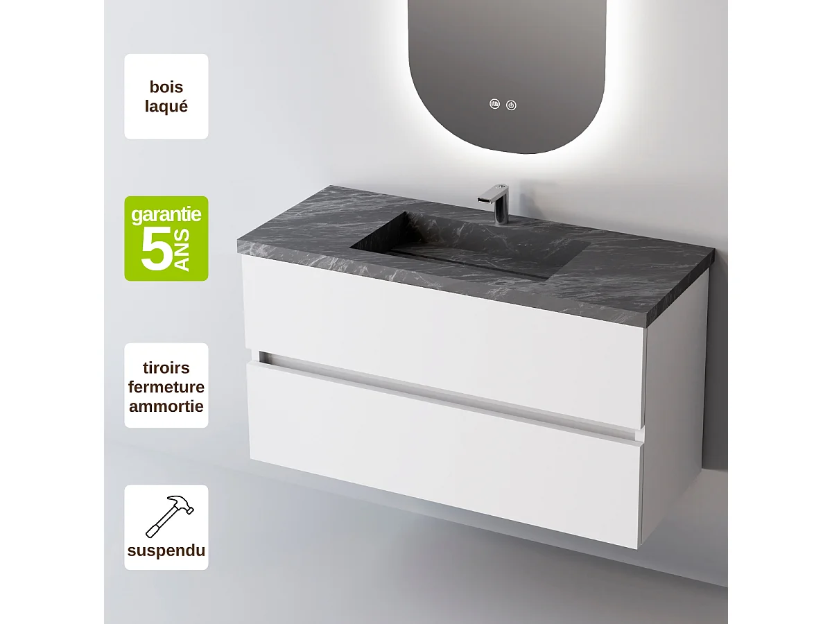 Meuble salle de bain ANCONA 80cm – Plan vasque grès cérame, 2 tiroirs, finition Blanc Brillant, H 54cm x P 45cm