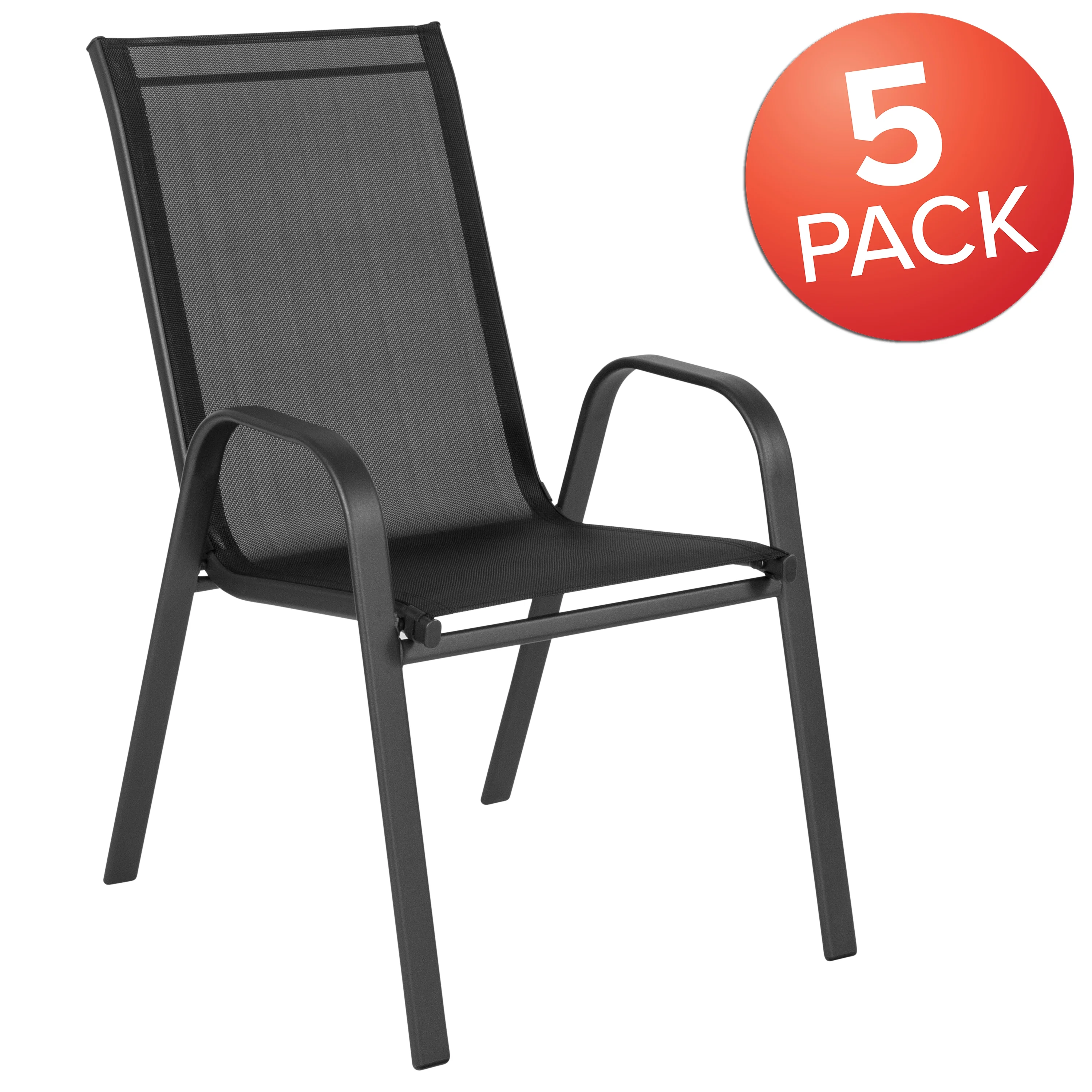 BizChair 5 Pack Black Outdoor Stack Chair with Flex Comfort Material and Metal Frame - Image 4