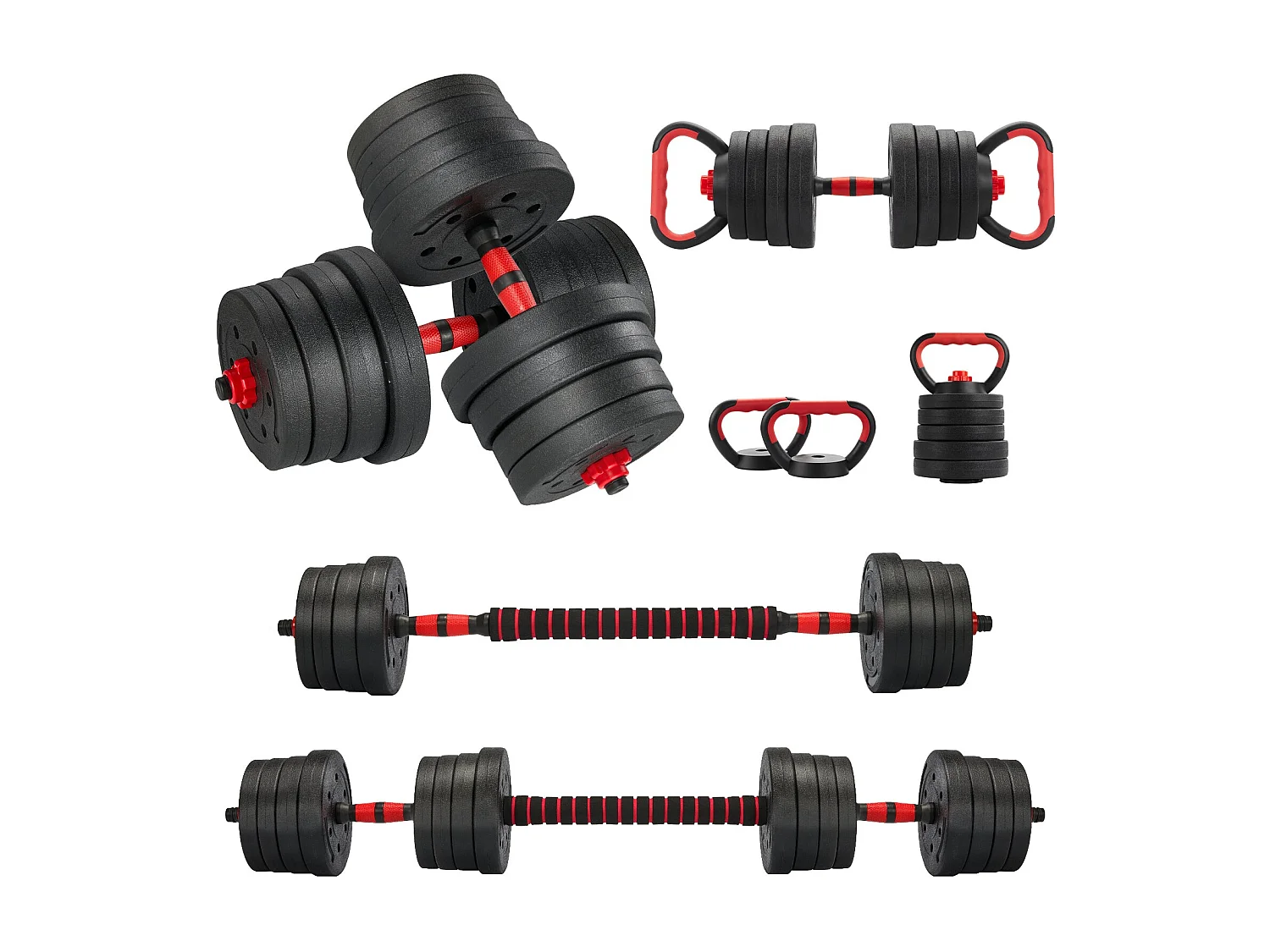 Ensemble d'haltères réglables 6 en 1 de 30 kg, comprenant des kettlebells, des haltères, des barres