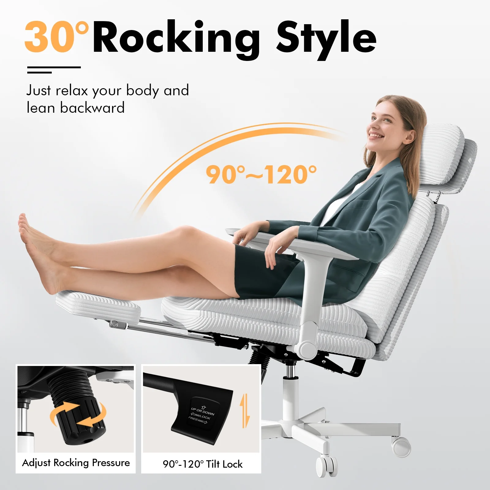 HomeZeer Ergonomic Cross-Legged Office Chair with Footrest & Headrest, Heavy Duty Executive Desk Chair with Flip-up Armrests, Corduroy Fabric Computer Criss Cross Chair for Home Office, Black - Image 25