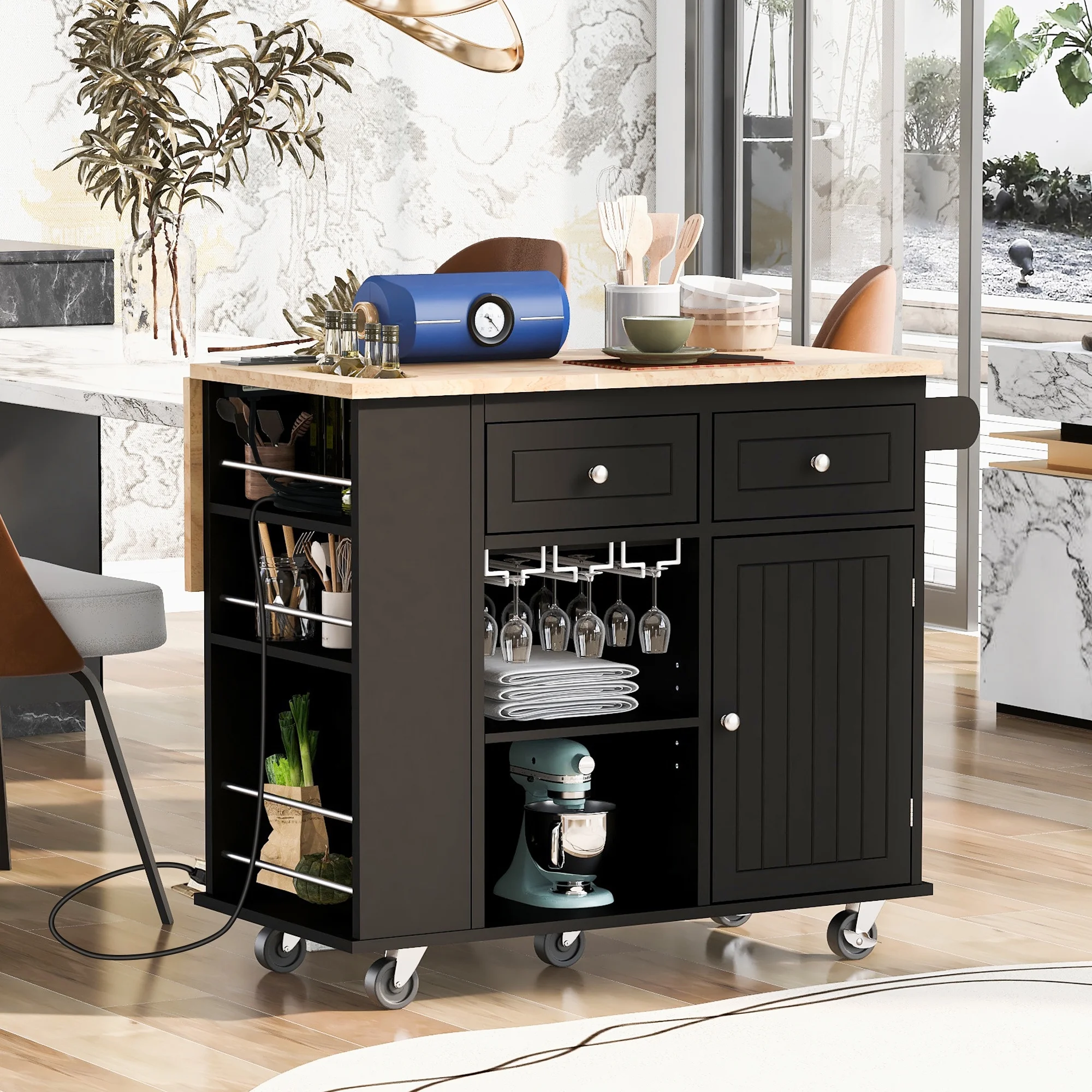 Harper & Bright Designs Kitchen Island with Power Outlet, Rolling Kitchen Cart with Drop Leaf and Wheels, Open Storage and Wine Rack for Dining Room, Black