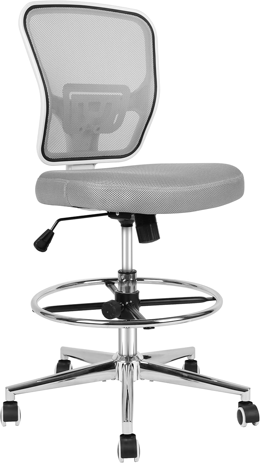 Drafting Chair, Tall Office Chair for Standing Desk, Drafting Stool with Lumbar Support, Adjustable Height and Foot Ring, Grey