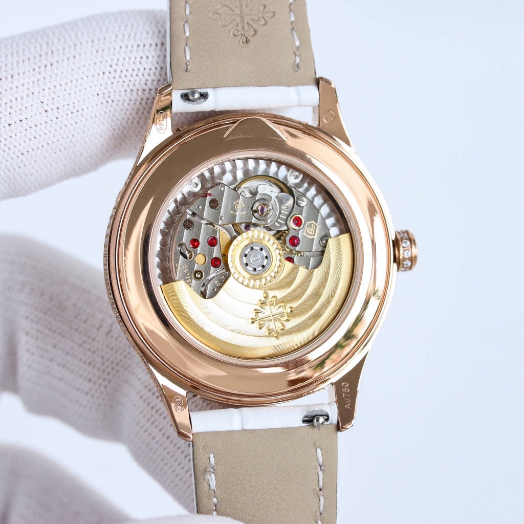 Fake Diamond Watch Patek Philippe Replica 4937R-001 Complications Ladies Annual Calendar Moon Phase 37mm White Mother of Pearl Arabic Rose Gold Diamond Set Leather Date(1:1 replica) - Elite Watch Atelier