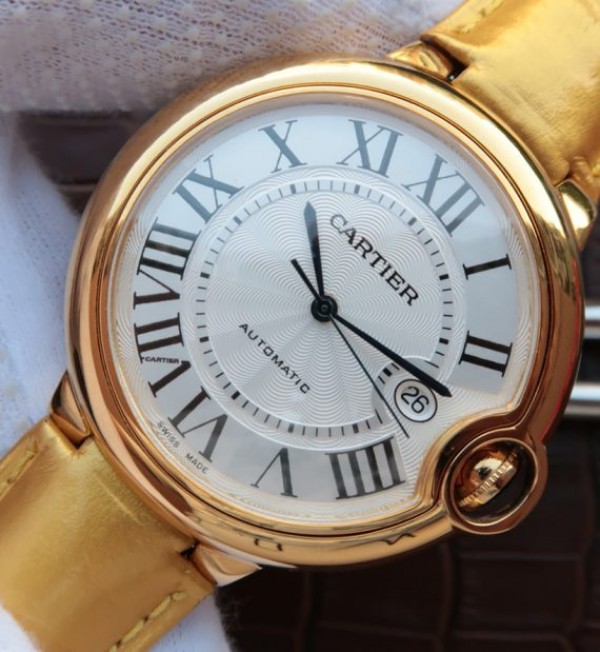 Replica Cartier Ballon Bleu 42mm YG White Dial Leather Strap ETA 2824 - Elite Watch Atelier