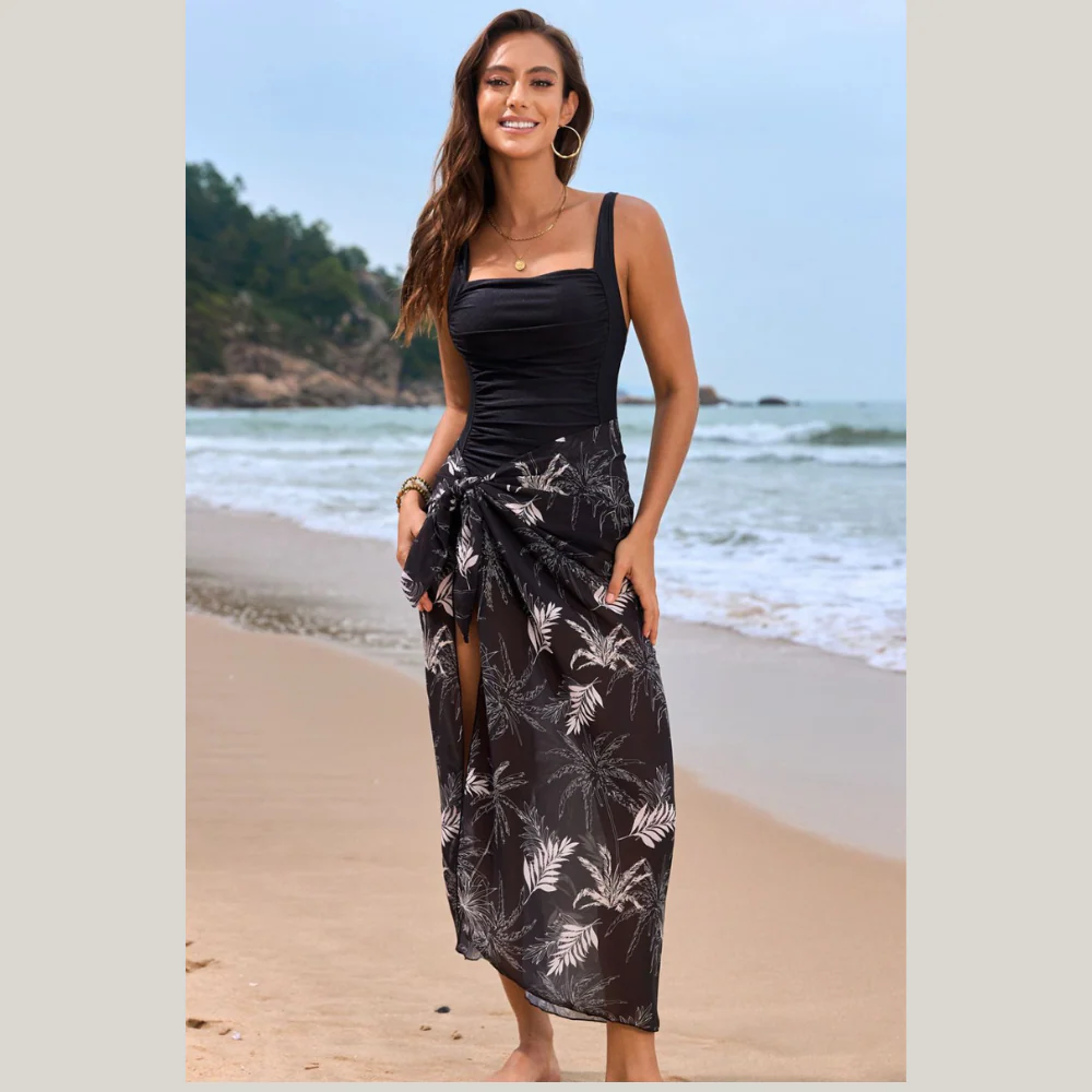 Square Neck Printed One-Piece Swimwear and Cover Up Swim Set - ZKZOOK