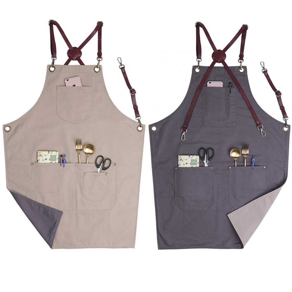 Two Tone Heavy Duty Bib Apron for Barbers Service Industry Two-Sided Two-Color Fashionable Work Tool Cotton Cross Back