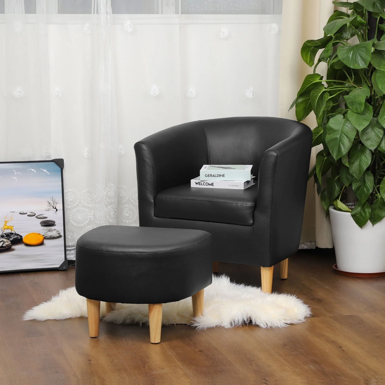 Dazone Swivel Armchair & Ottoman Set, Modern Accent Upholstered Single Sofa Chair With Footstool, 360°Rotating Armchair and Footrest Set, Club Tub Chair for Living Room Bedroom Reading Room,Gray - Image 4