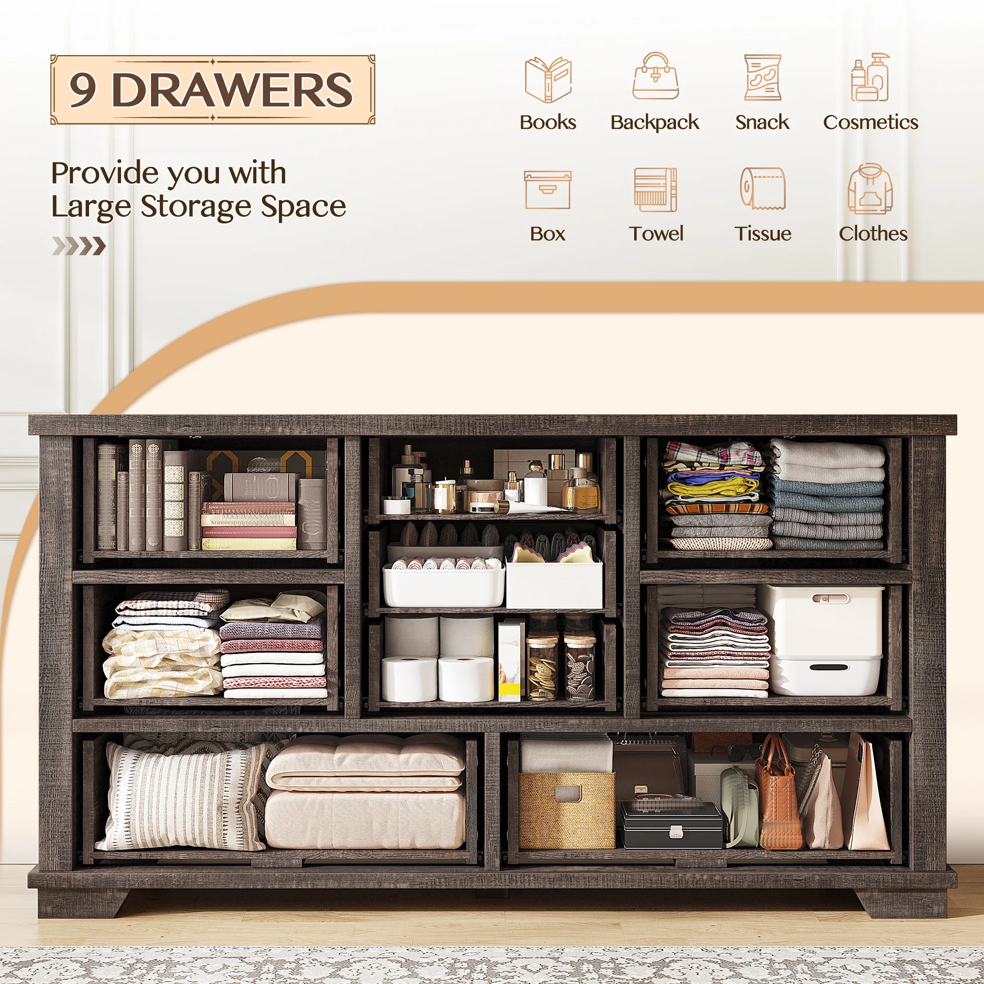 EnHomee Wood Dressers for Bedroom with 9 Drawers White Dresser Chest of Drawers for Living Room - Image 23