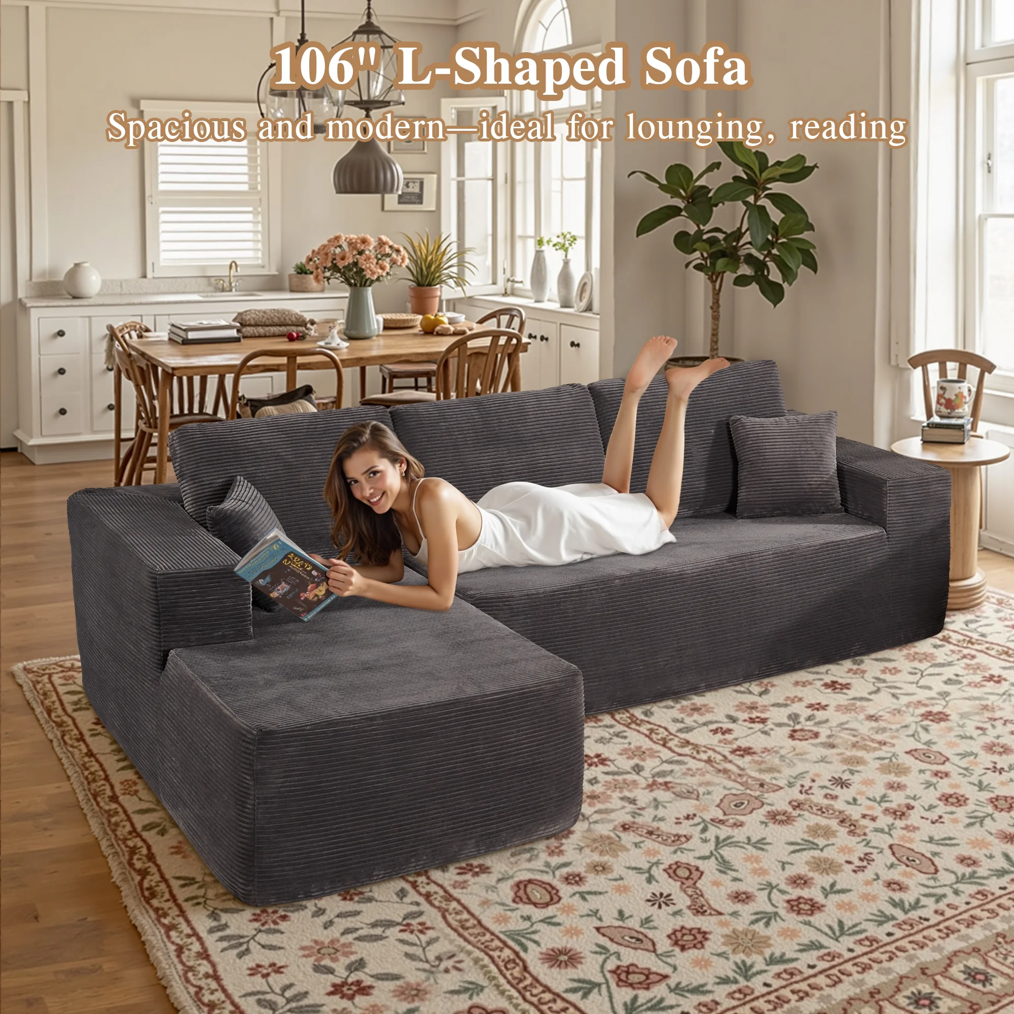 Ovios 106" L-Shaped Sectional Sofa Modern Modular Cloud Couch with Deep Seating Upholstered Sofa for Living Room Bedroom, No Assembly Required, Black(Corduroy) - Image 29