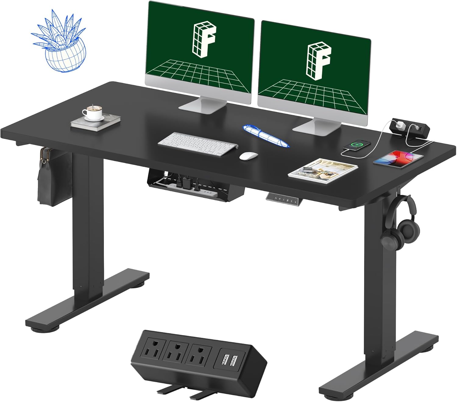 FLEXISPOT EN2 Whole-Piece Standing Desk with Clamp Power Strip, 55 x 28” Electric Stand Up Height Adjustable Desk with Cable Management (Black Frame + 55