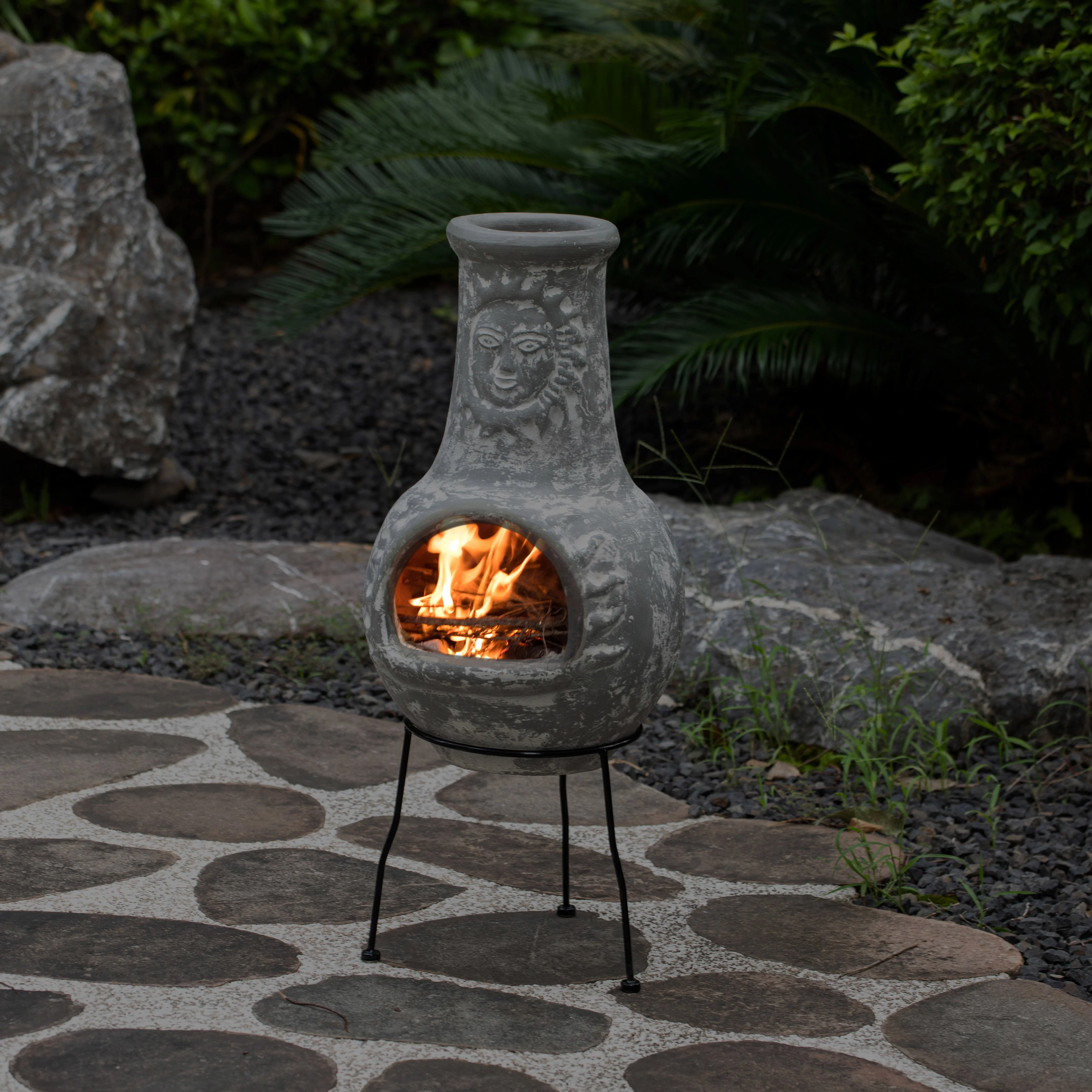 Vintiquewise QI004631.TC Outdoor Clay Chiminea Fireplace Sun Design Wood Burning Fire Pit with Sturdy Metal Stand, Barbecue, Cocktail Party, Cozy Nights Fire Pit, Terra Cotta - Image 3