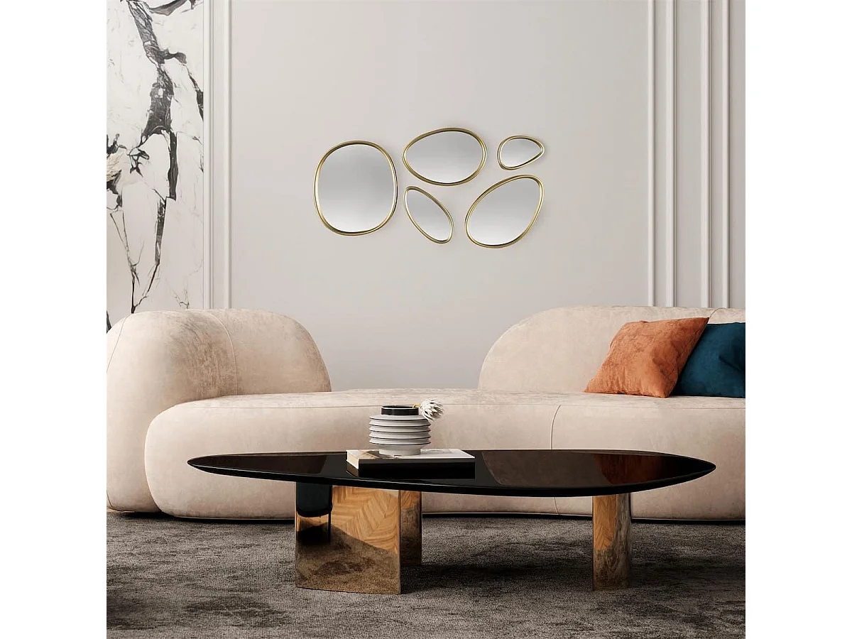 5 miroirs muraux décoratifs aux formes organiques avec contour doré