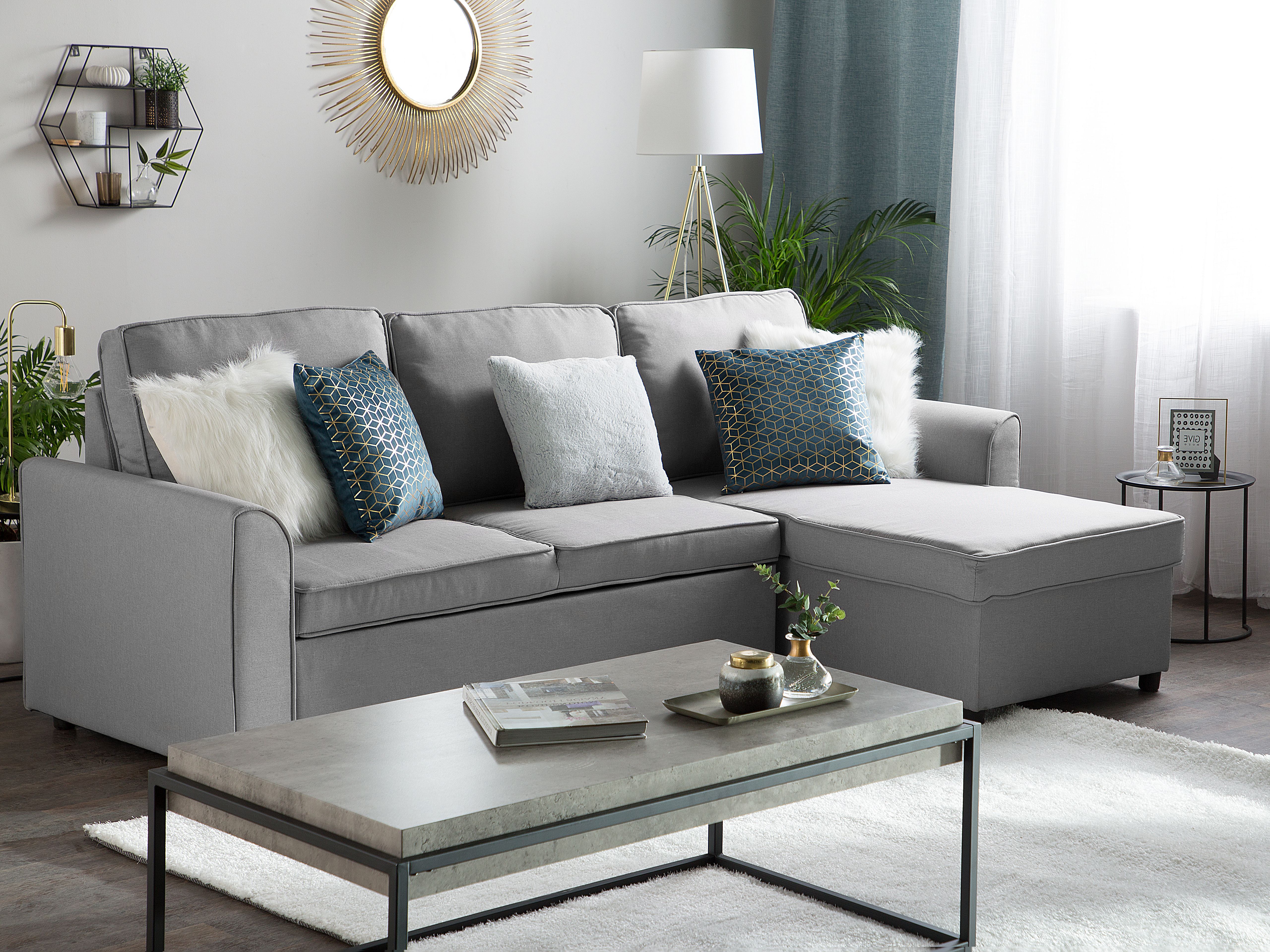Corner Sofa Bed 3 Seater NESNA Fabric Light Grey with Storage Left Hand