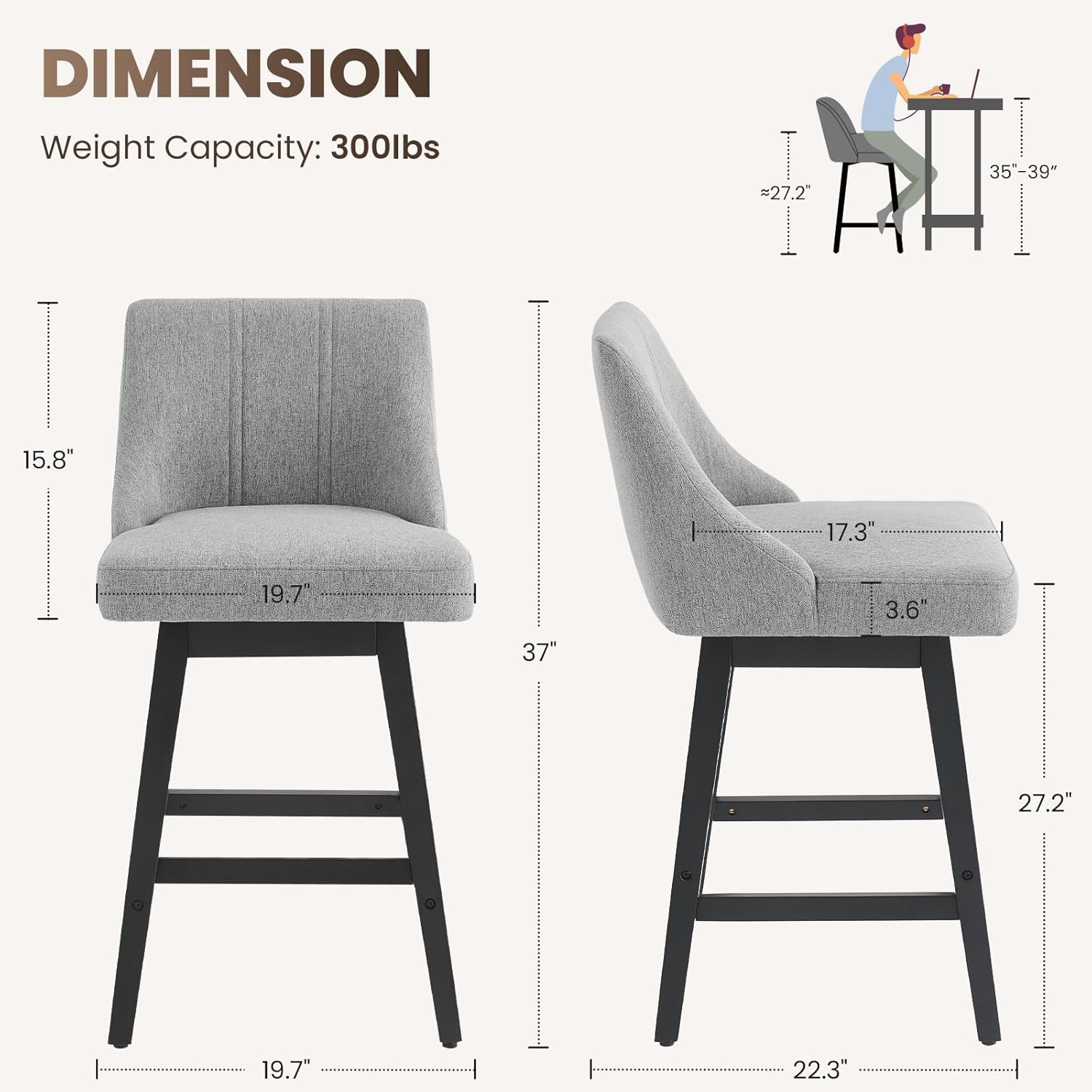 27'' Counter Height Bar Stools Set of 2, Swivel Bar Stools with Backs, Modern Fabric Bar Stools for Kitchen Island, Solid Wood Legs, Adjustable Feet (Fabric - Dark Gray, Set of 2-27