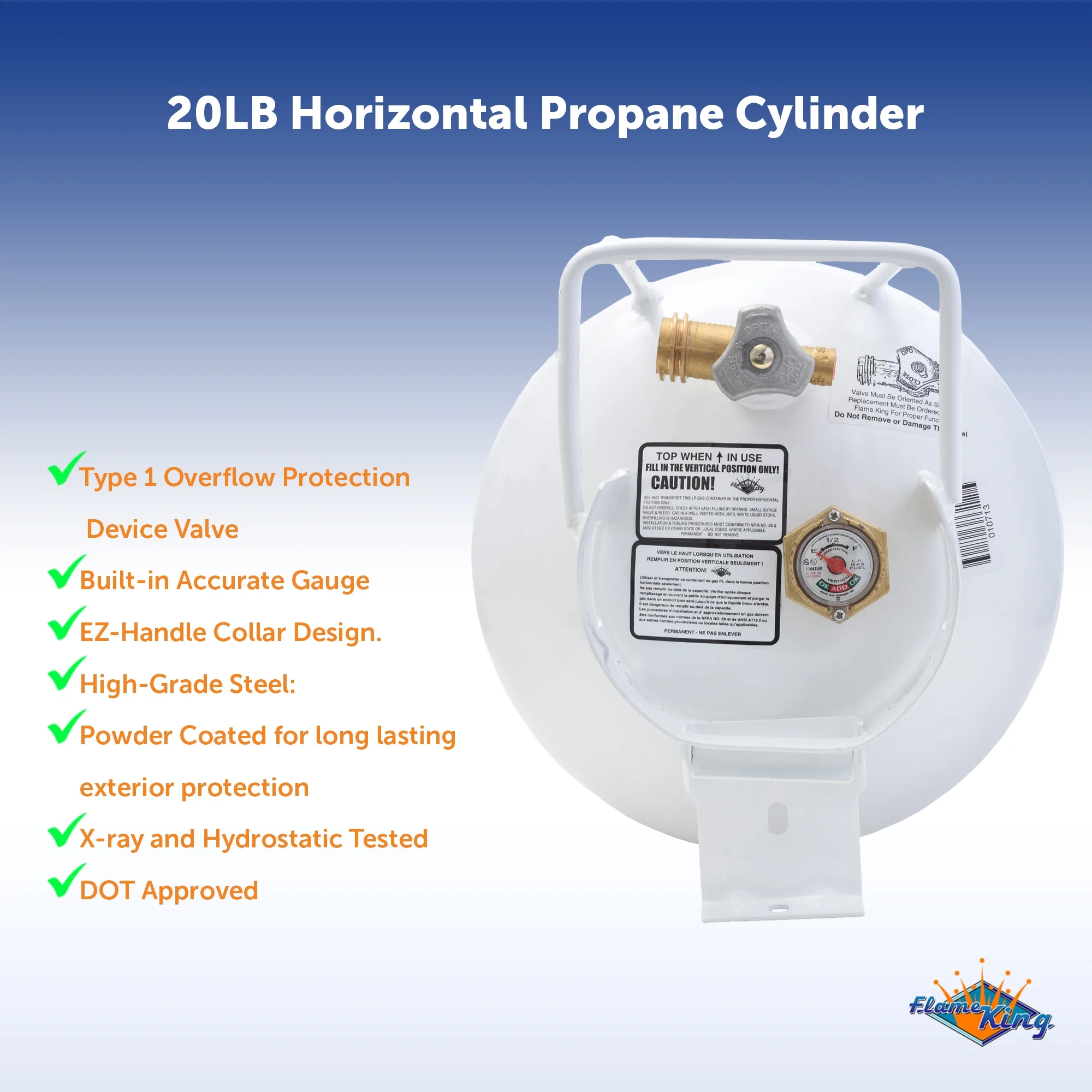 Flame King 20LB Empty Steel Horizontal Propane Tank Cylinder with OPD & Built-in Gauge - Image 3