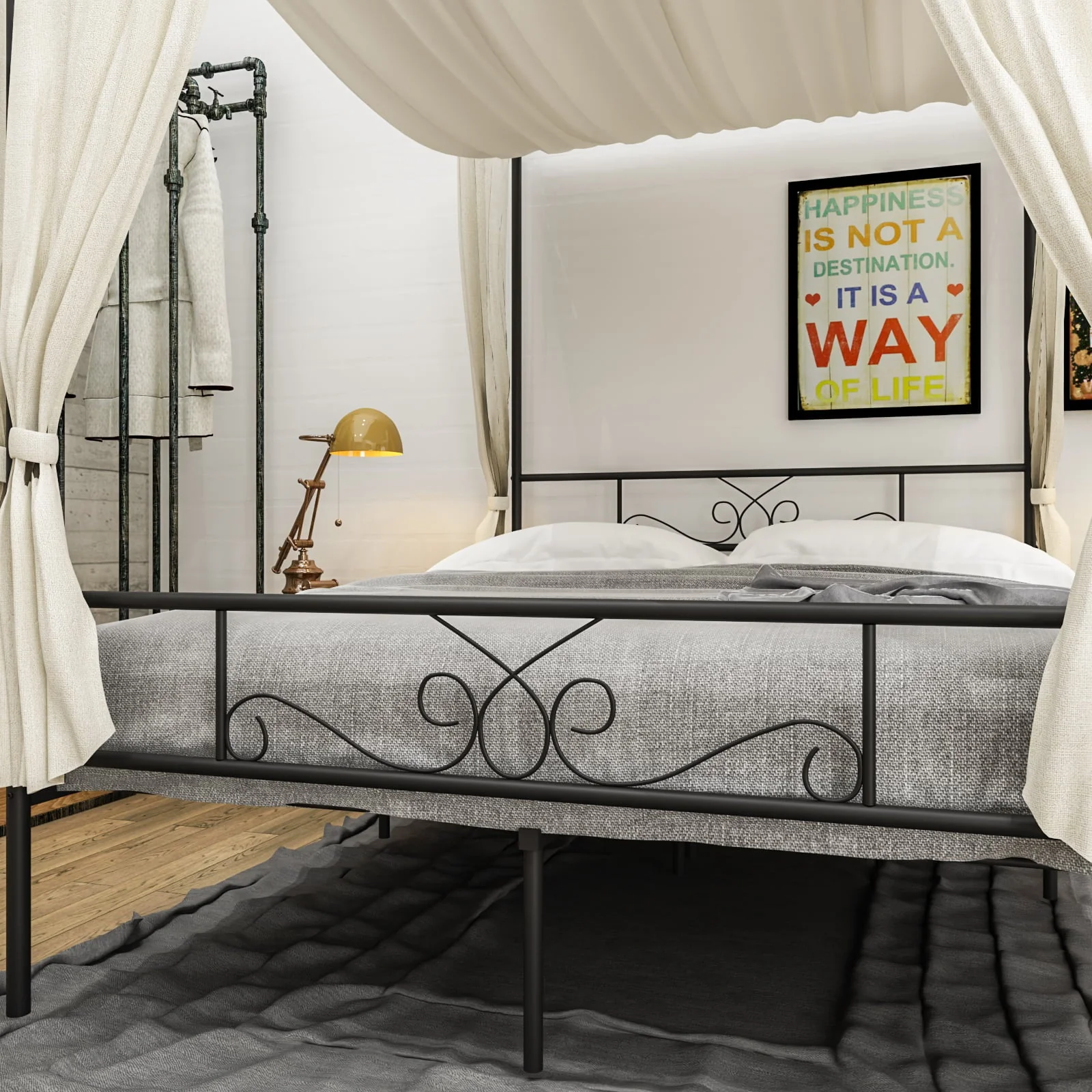 Teraves Metal Canopy Bed 4-post Canopy Bed Frame with Headboard, Full, Black - Image 4