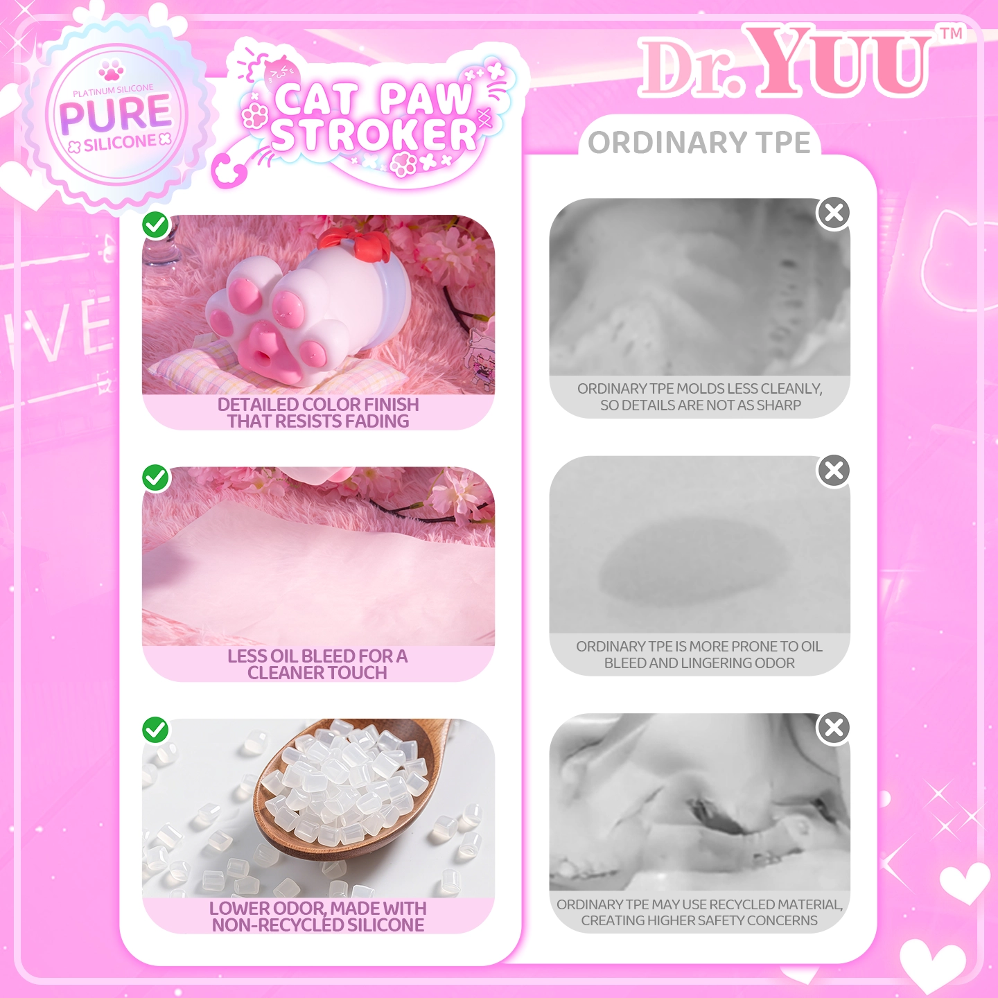 Dr.YUU anime cat paw masturbator pure silicone vs. standard TPE material comparison, highlighting a cleaner low-oil-release surface, lower odor, and easy everyday care