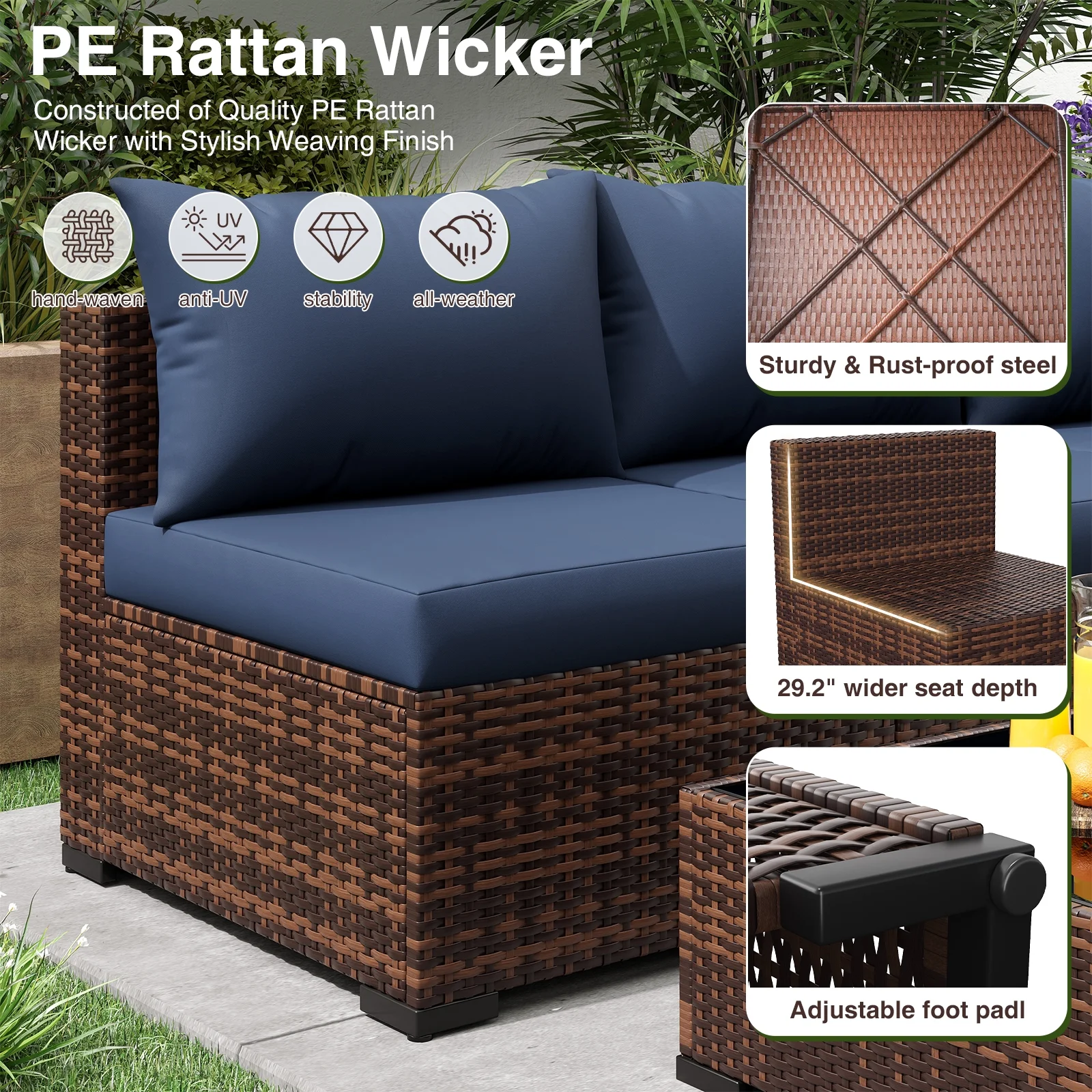 ELPOSUN Patio Furniture Set, Outdoor Patio Furniture Wicker Furniture Couch Set, 5 Pieces Outdoor Sectional Sofa, Patio Furniture Set, Outdoor Patio Set for Balcony Furniture (Grey) - Image 25