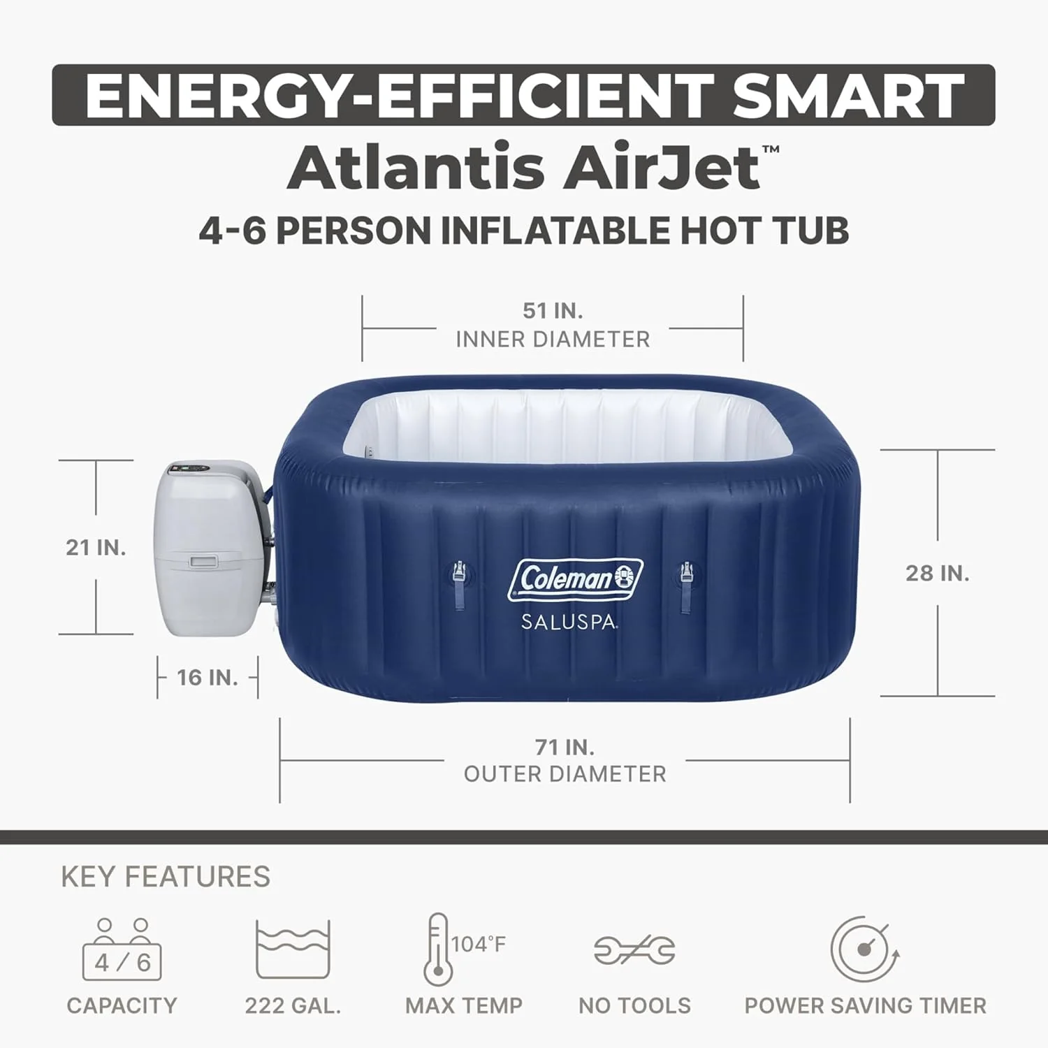 Coleman SaluSpa Atlantis AirJet Inflatable Hot Tub, 4 to 6 Person, 140 Air Jets, 71 x 28 in - Image 3 Coleman SaluSpa Atlantis AirJet Inflatable Hot Tub, 4 to 6 Person, 140 Air Jets, 71 x 28 in - Image 3