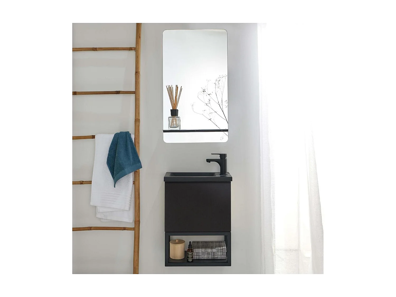 Ensemble lave-mains NOVA métal et bois avec miroir à tablette