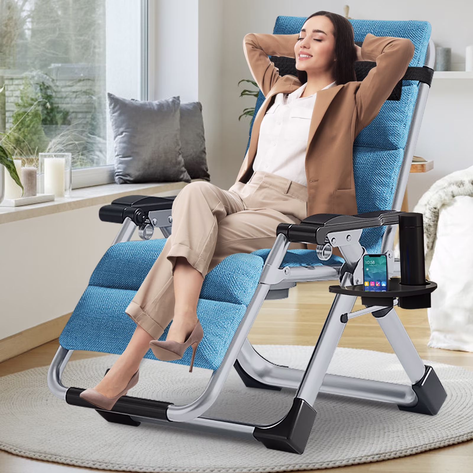 NAIZEA Zero Gravity Chair with Removable Cushion and Cup Holder Black - Image 5