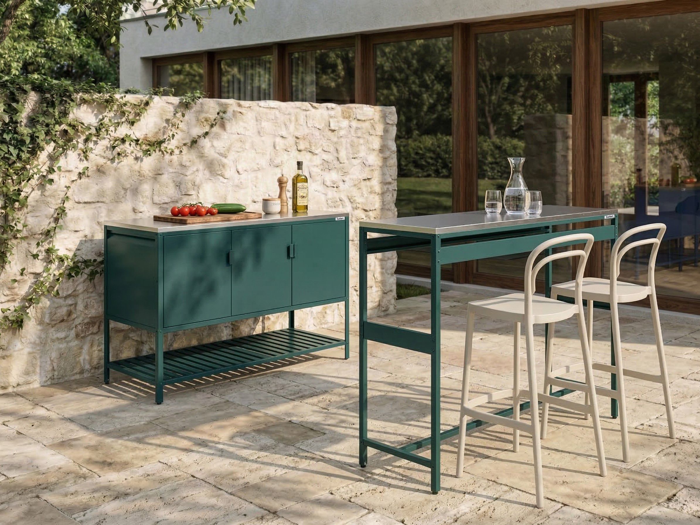 2 Piece Outdoor Kitchen Set with Bar Table MAENZA Metal Green