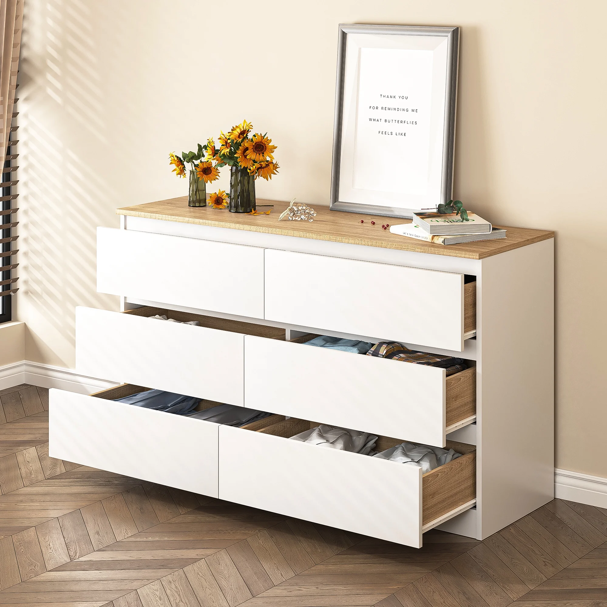 Kadyn White Chest of Drawer, 6 Double Drawer Dresser for Bedroom, Modern Storage Cabinet for Living Room, Dresser - Image 156