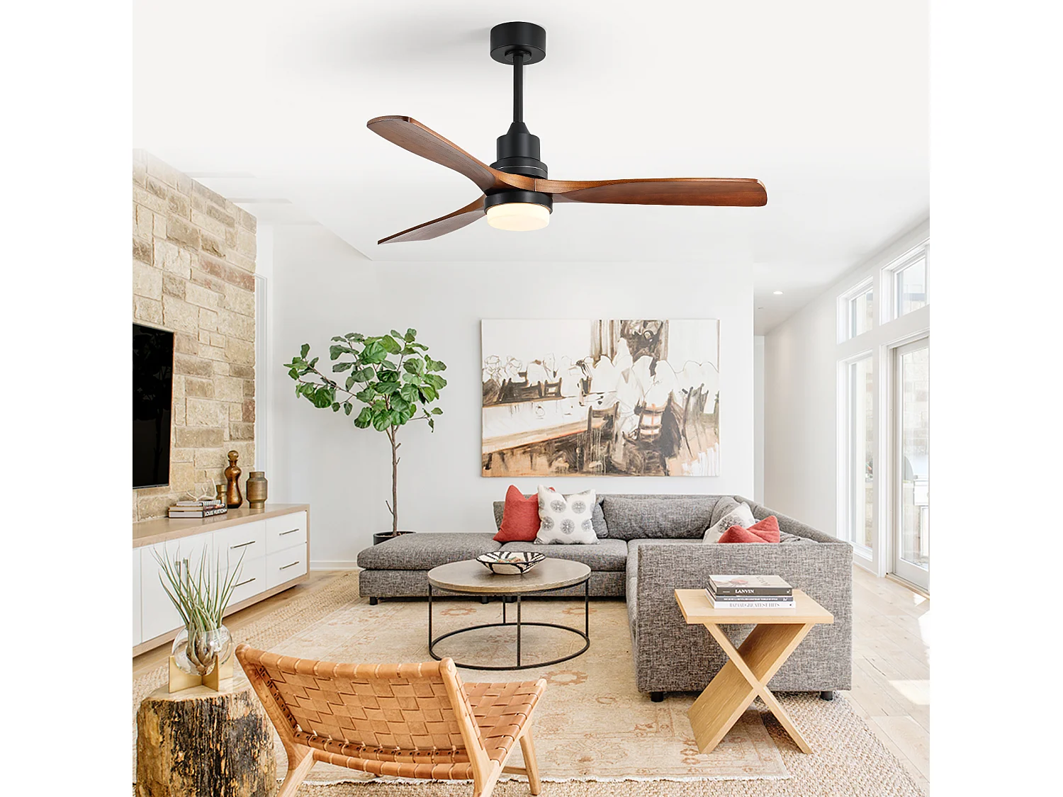 Ventilateur de plafond 132cm 3 pales noyer avec LED, 6 vitesses et timer, Moteur DC réversible, noir