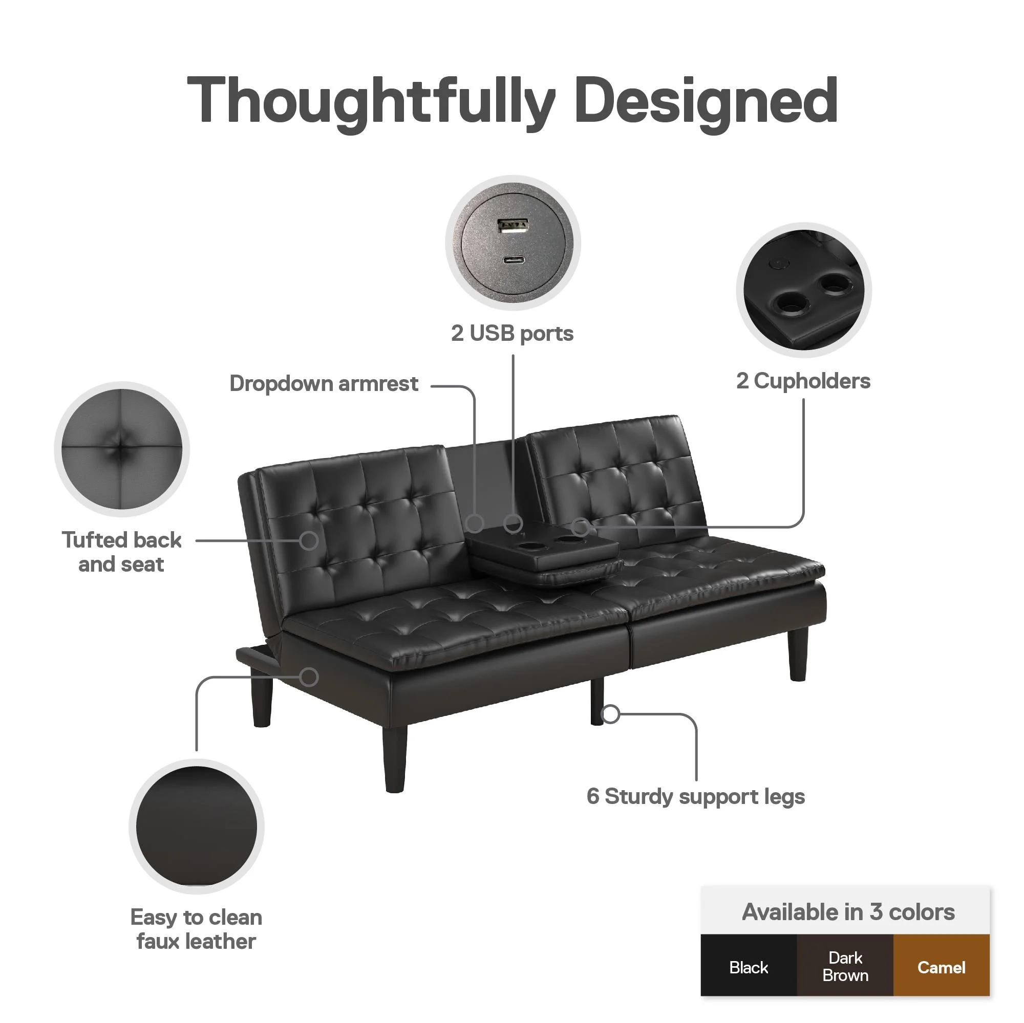 Mainstays Memory Foam 71.5" Futon with Cupholder and USB, Black Faux Leather - Image 9