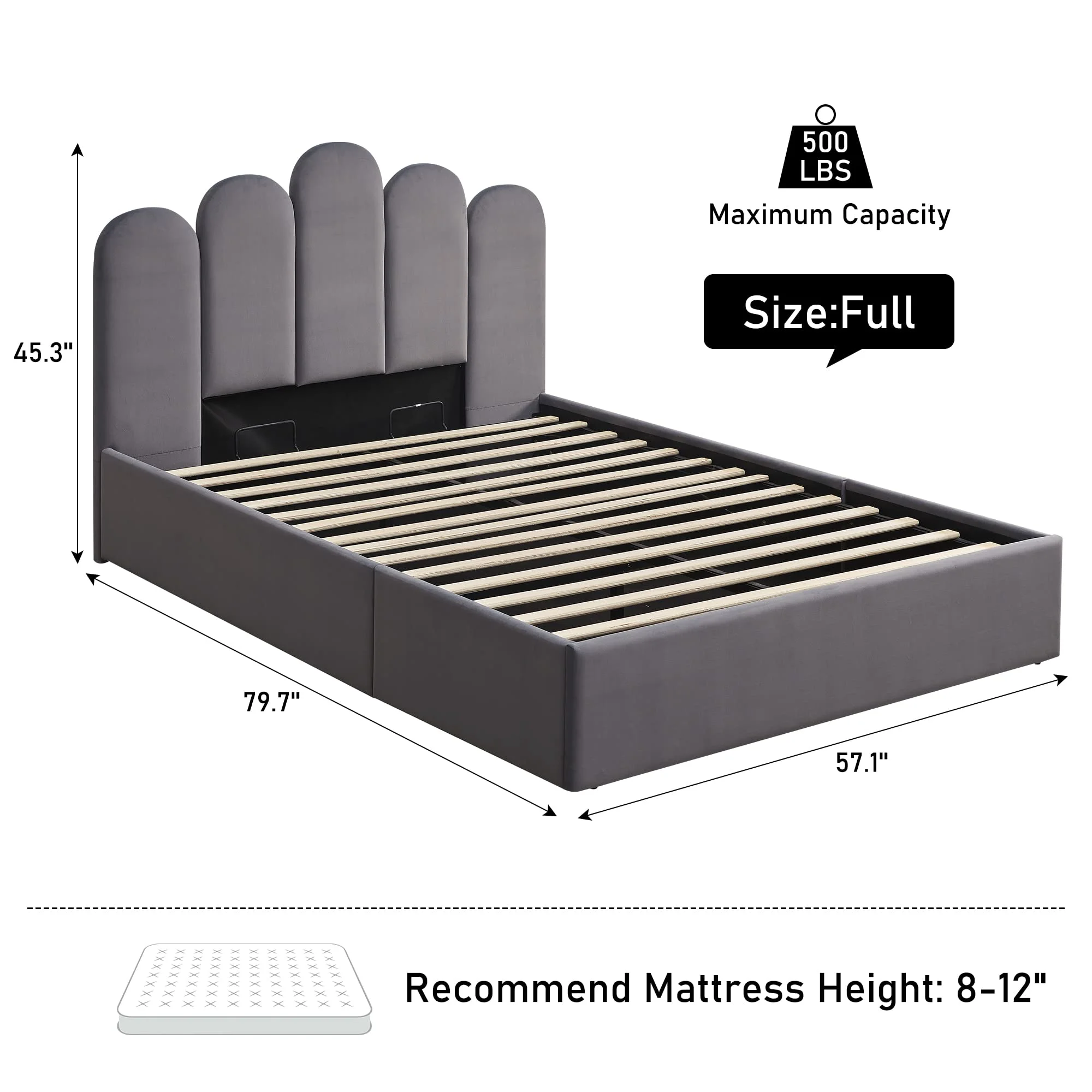 Upholstered Bed Frame with Palm-Shape Headboard, 750N Hydraulic Lift Storage Bed with Soft Velvet Fabric, 14 Wooden Slats, 8.26