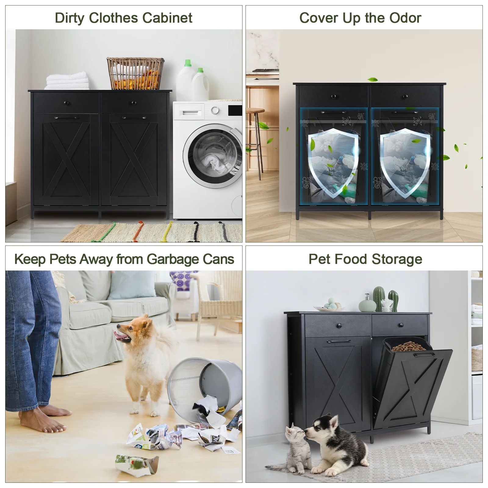Pirecart 20 Gallon Double Tilt Out Trash Cabinet Wood Hidden Storage Cabinet, Recycling Cabinet with 2 Drawers, Black - Image 11