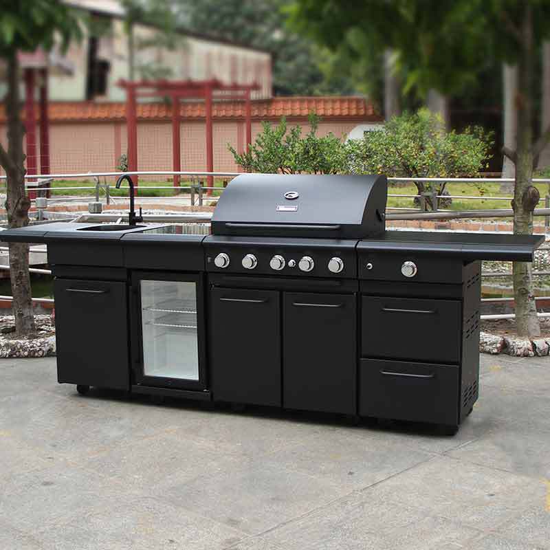 High-End Portable Folding Metal Rack Modern Refrigerator Sink Cabinet with Propane BBQ Grill for Villa Courtyard Garden Parties