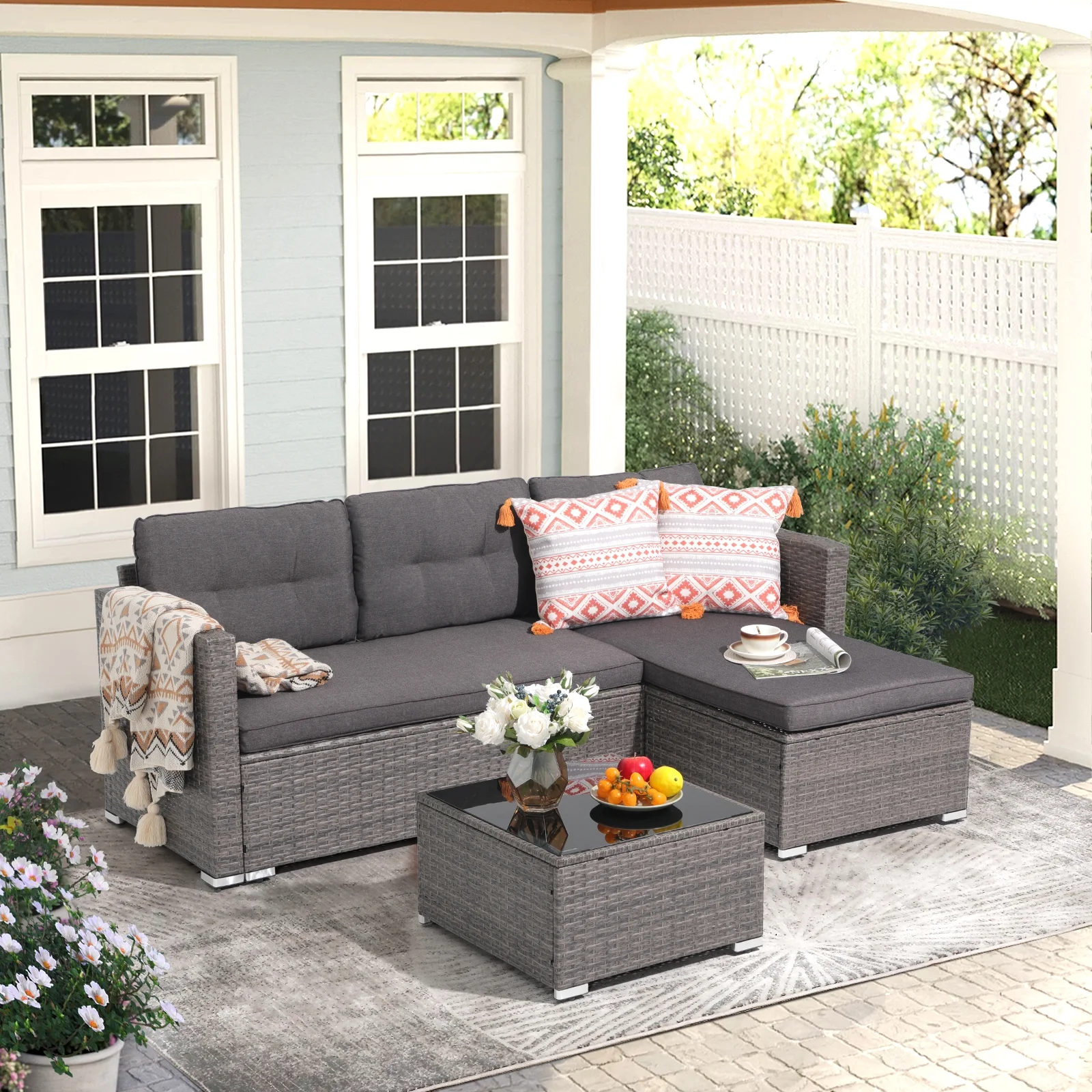 JOIVI 3 Pieces Patio Conversation Set, PE Wicker Rattan Outdoor Furniture Set, 2 Ways Small Sectional Sofa, Tempered Glass Coffee Table, Silver-Gray - Image 38