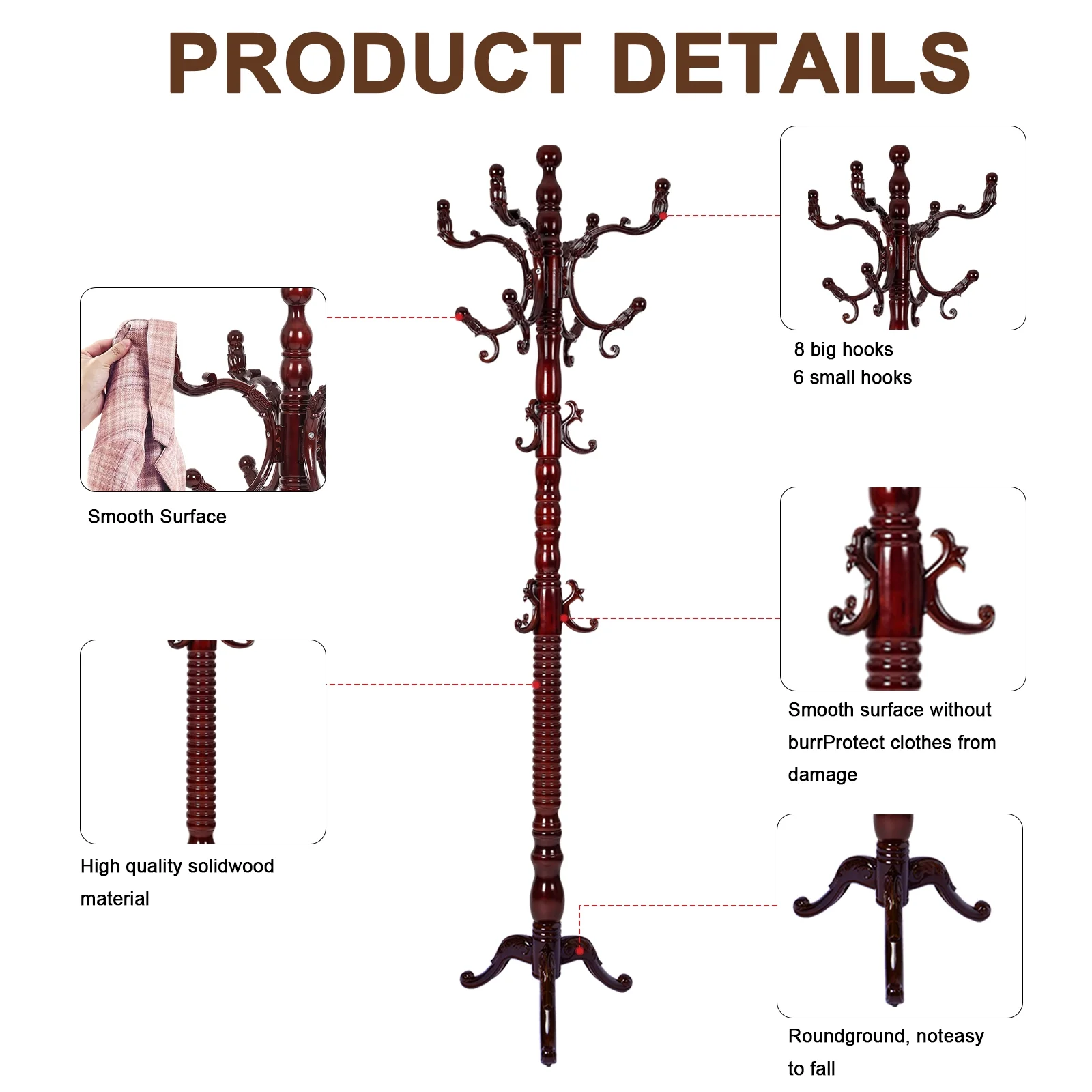 Coat Rack Freestanding, Hall Tree with 11 Hooks, Heavy Duty Wooden Coat Tree Stand, Adjustable Height, Sturdy Base for Bedroom Hallway Office - Load 270lbs - Image 45