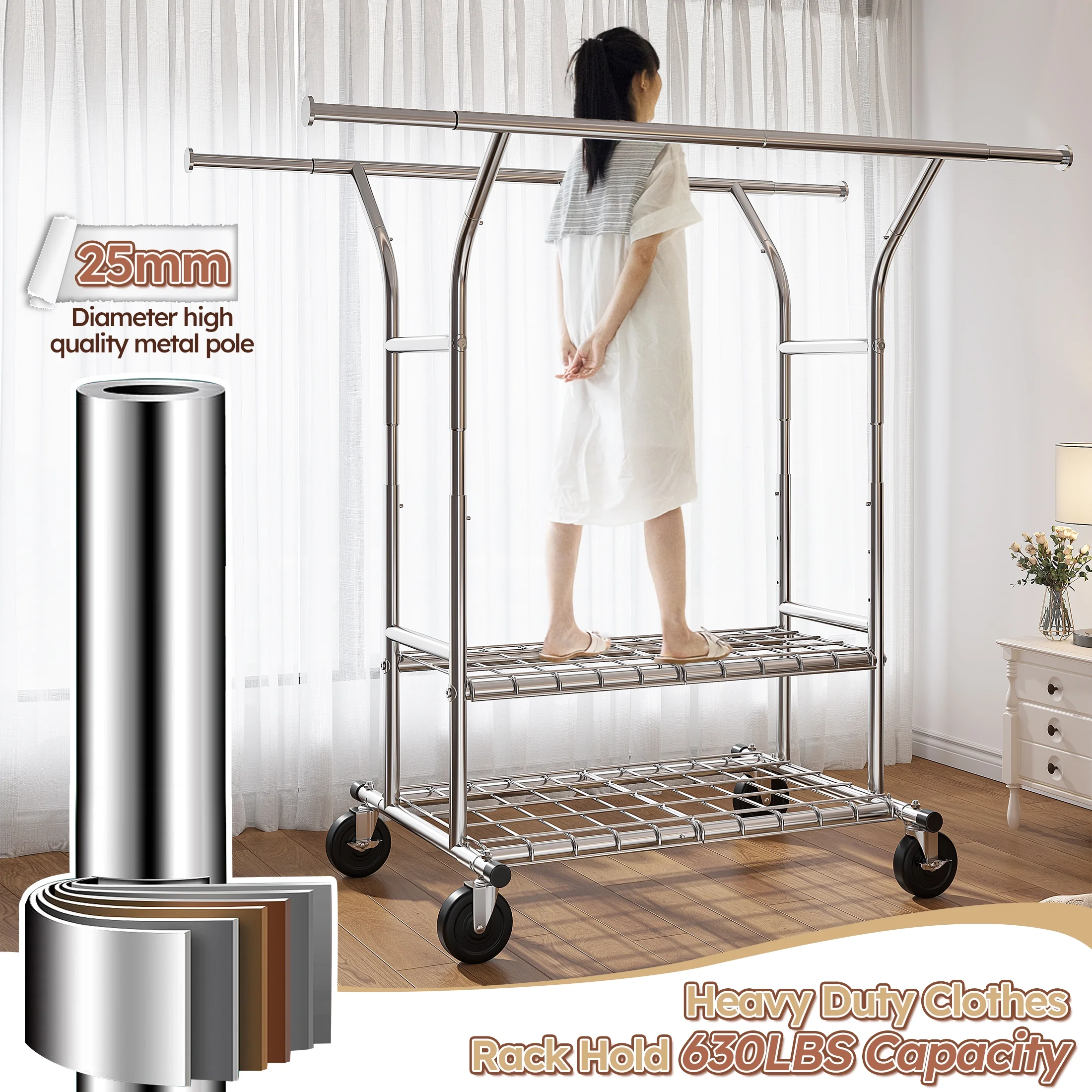 Clothes Rack with Wheels, Heavy-Duty Garment Rack for Hanging Clothes, Adjustable  Freestanding Wardrobe Organizers and Storage with Double Sheves