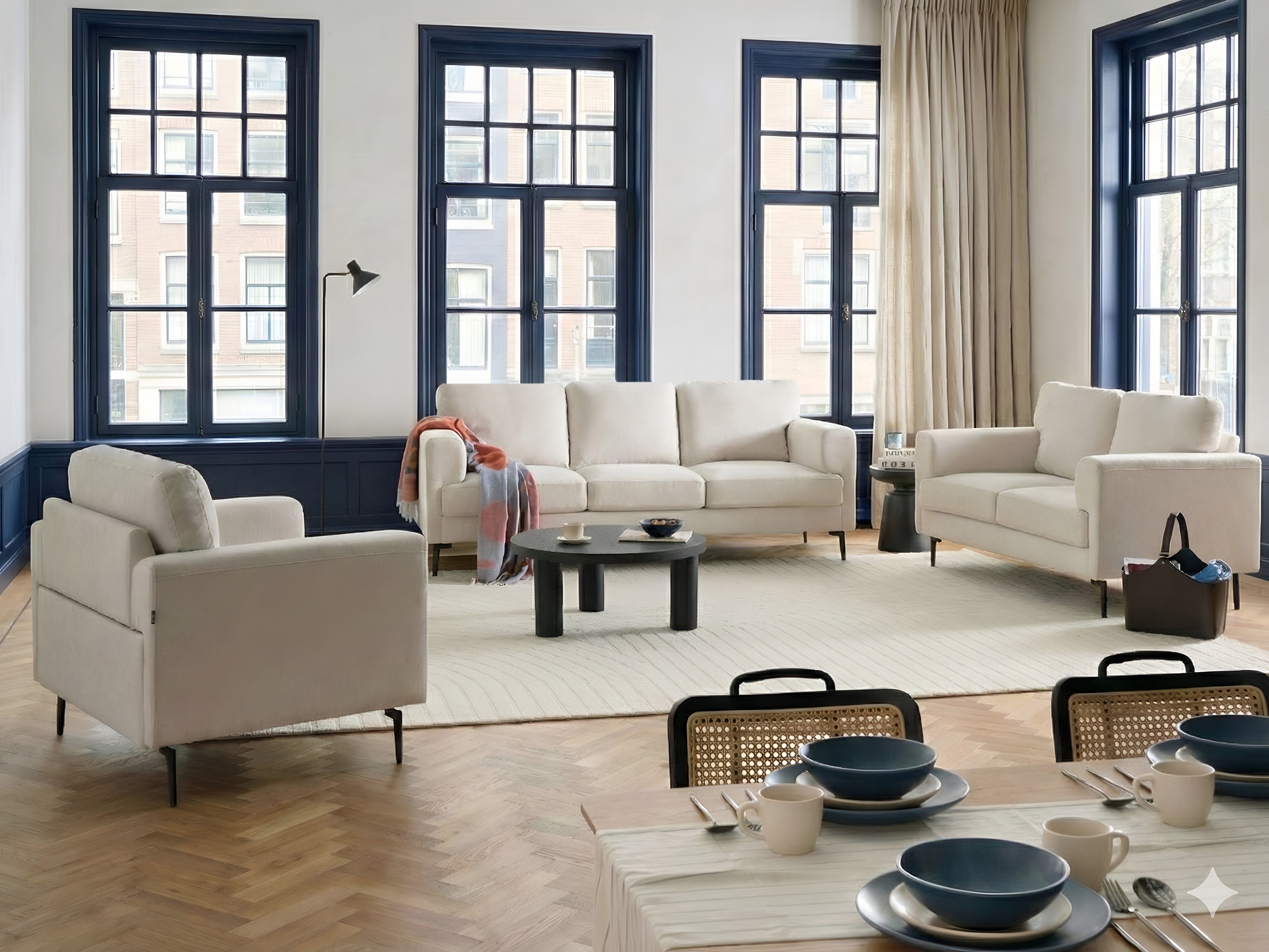 Living Room Set 6 Seater LOUSTO Fabric Light Beige