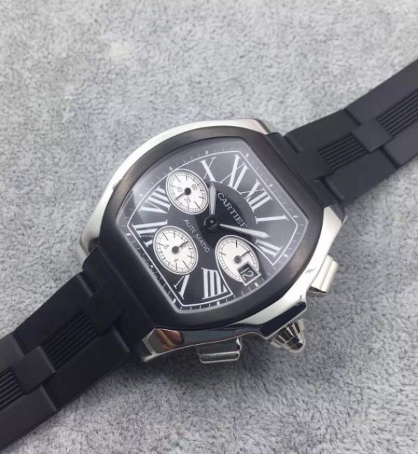 Replica Cartier Roadster SS Black Dial Black Rubber Strap A7750 - Elite Watch Atelier