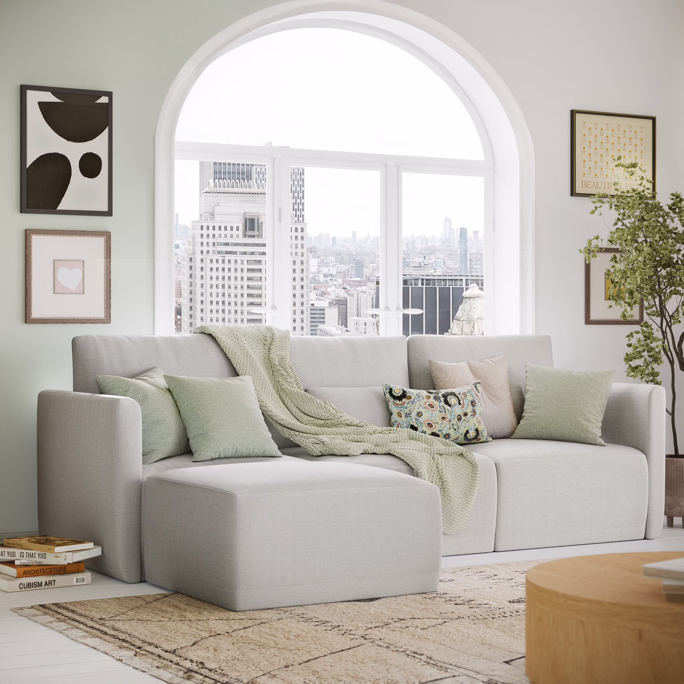 Beautiful Drew Modular Sectional Sofa with Ottoman by Drew Barrymore, Gray Fabric - Image 3