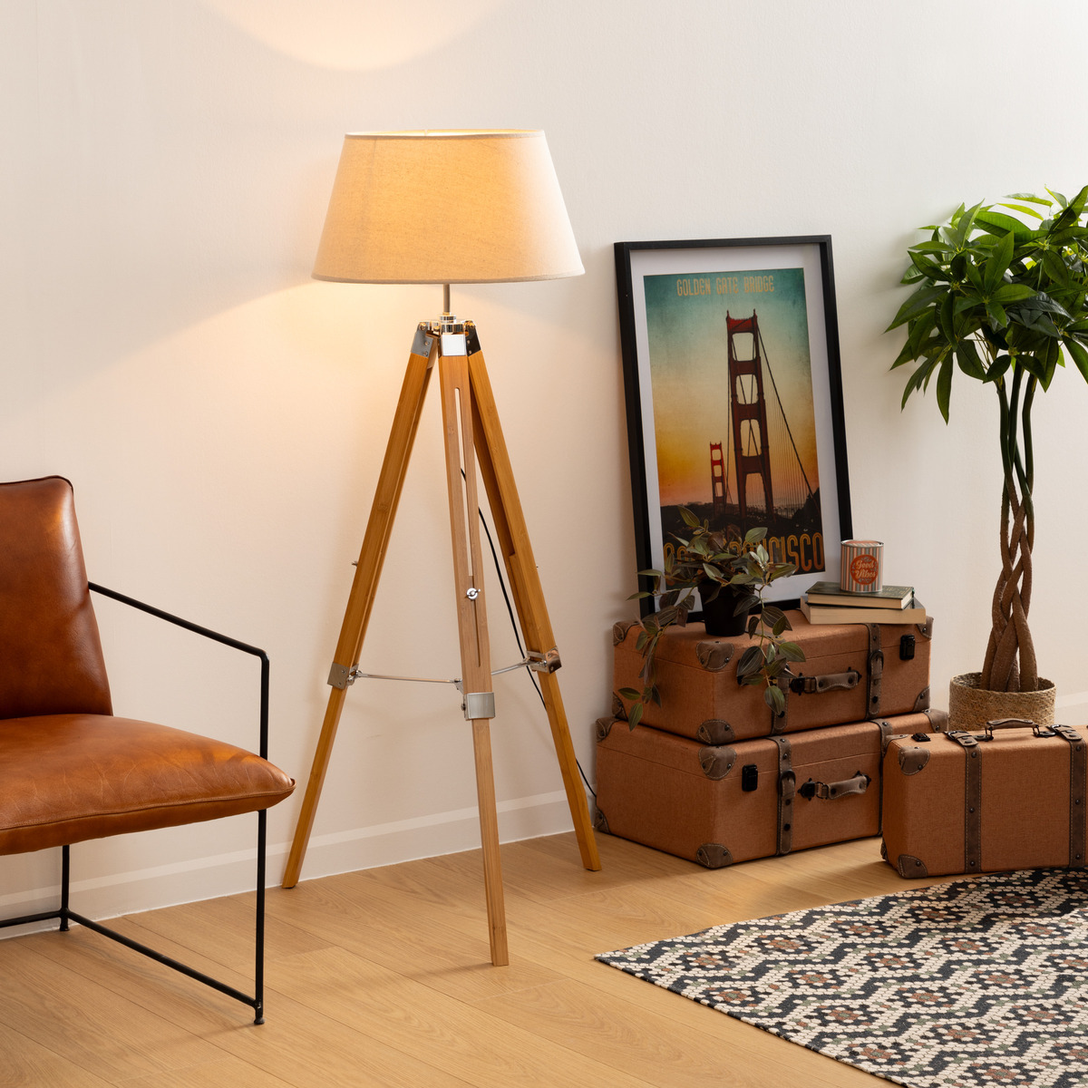 Tripod floor lamp "Runo" Bamboo, Ivory White, H.145 cm