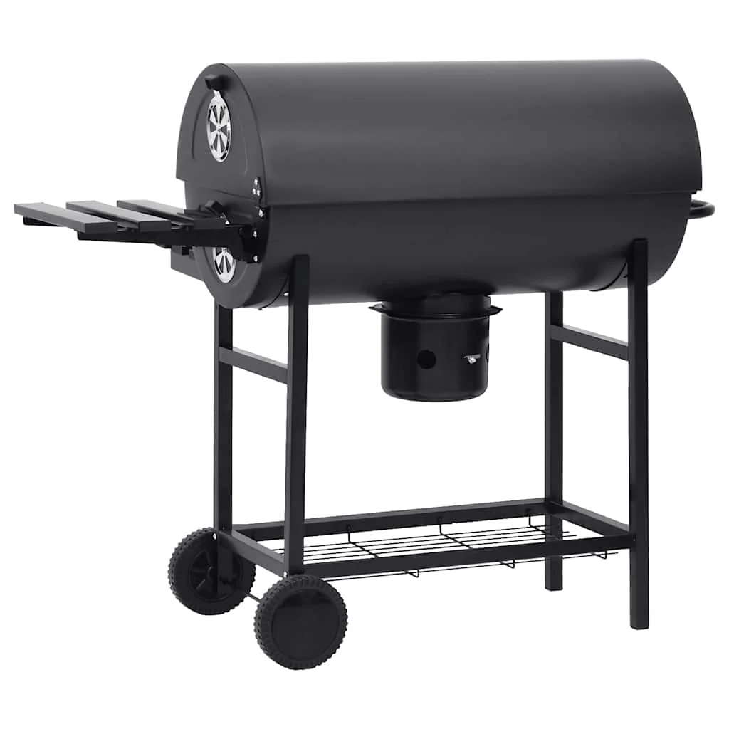 Parrilla de barril ruedas y estantes acero negro 115x85x95 cm