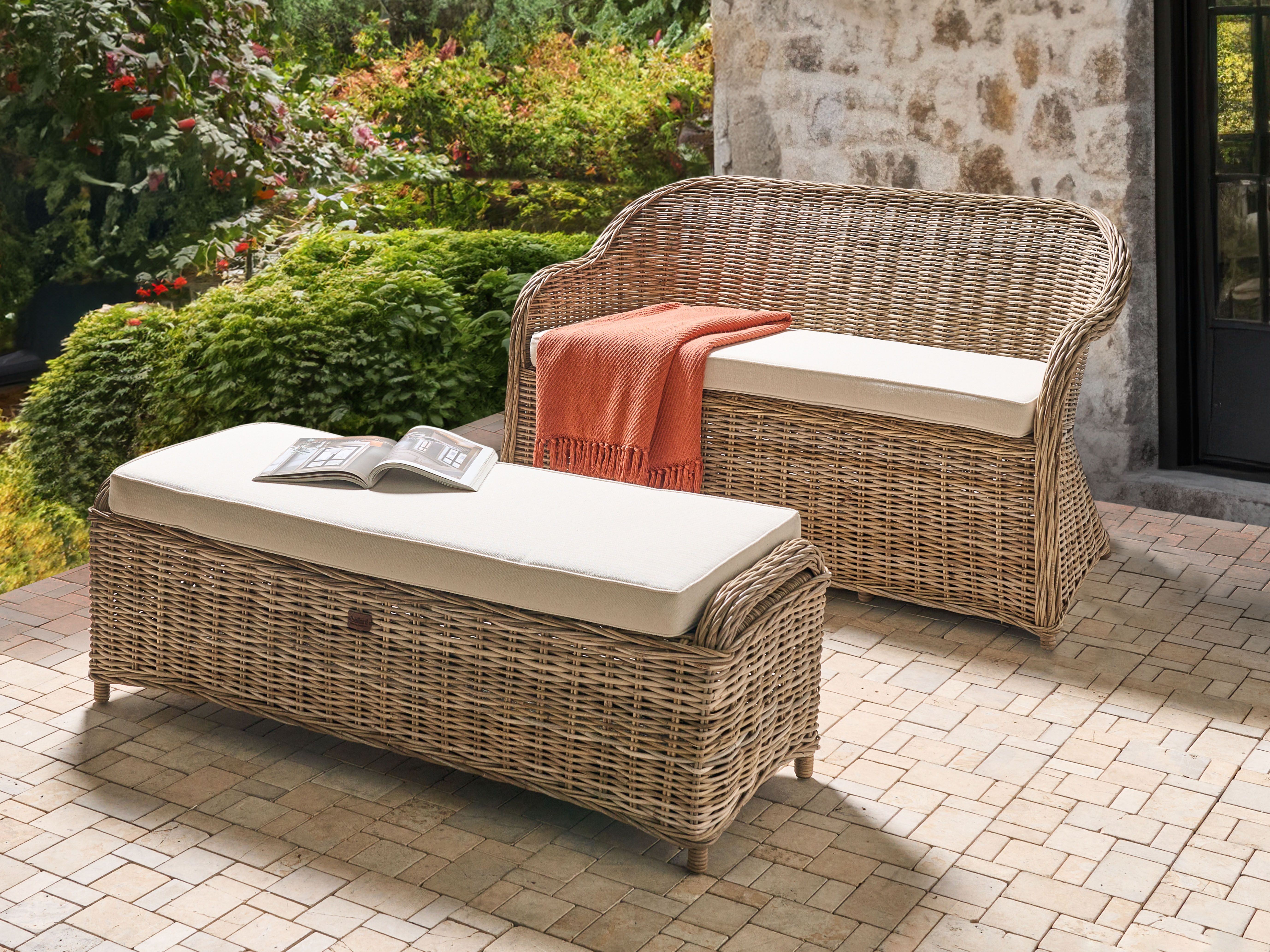 Garden Bench with Cushion SUSUA 141 cm with Ottoman Rattan Natural