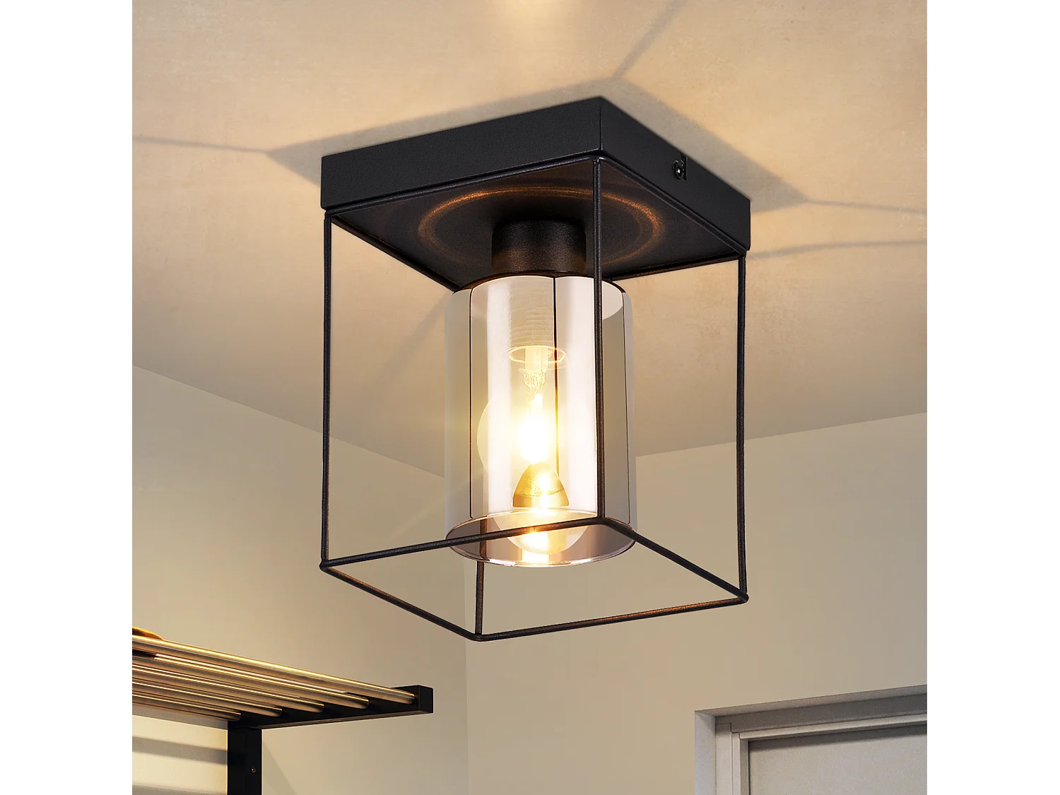 NETTLIFE Plafonnier couloir plafonnier verre 1 ampoule E27 vintage avec métal noir style industriel rétro