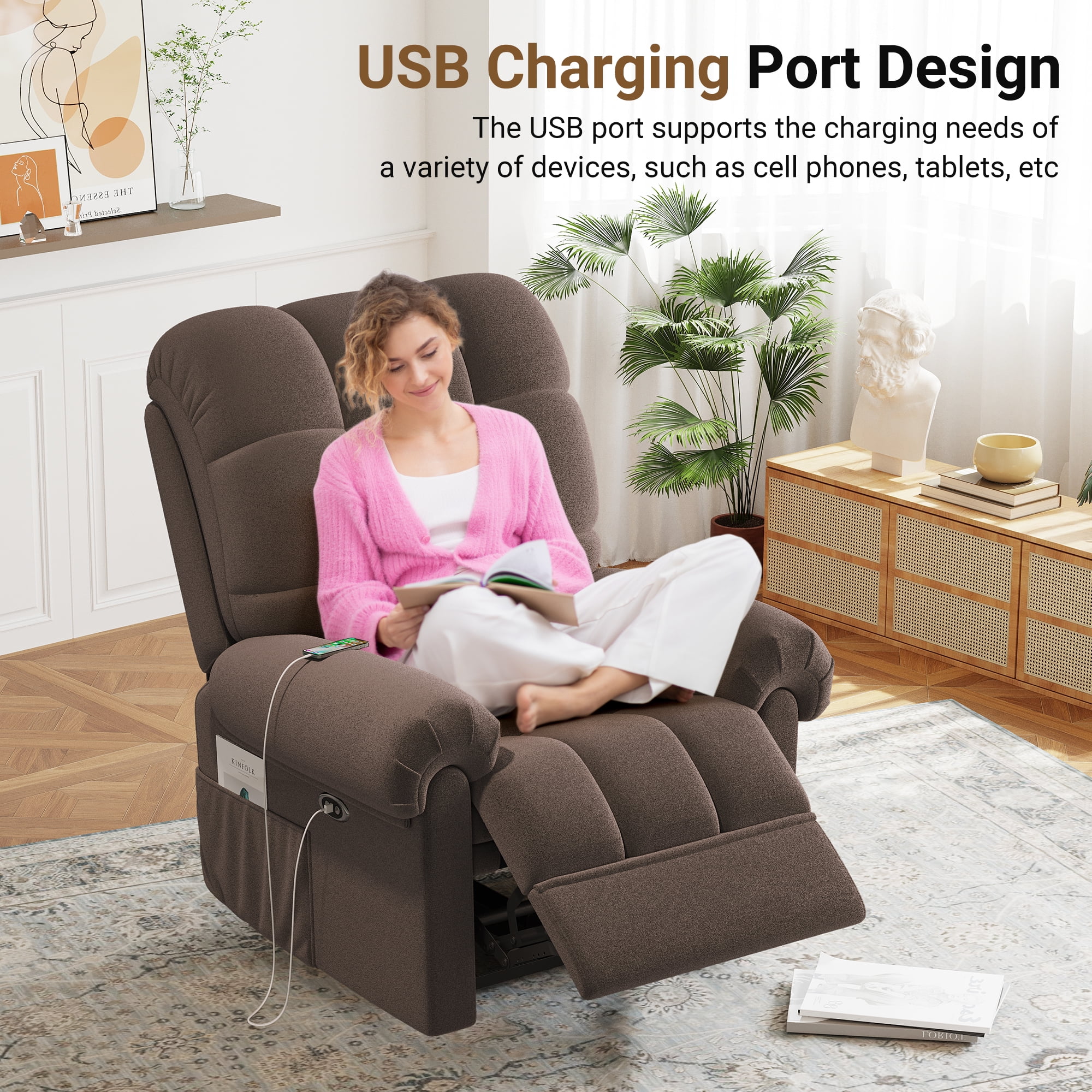 Power Recliner Chair,Electric Recline Sofa Chair for Adults with USB Port,Comfy Teddy Fleece Adjustable Cloud Sofa,Tool-Free Setup,Beige White - Image 35