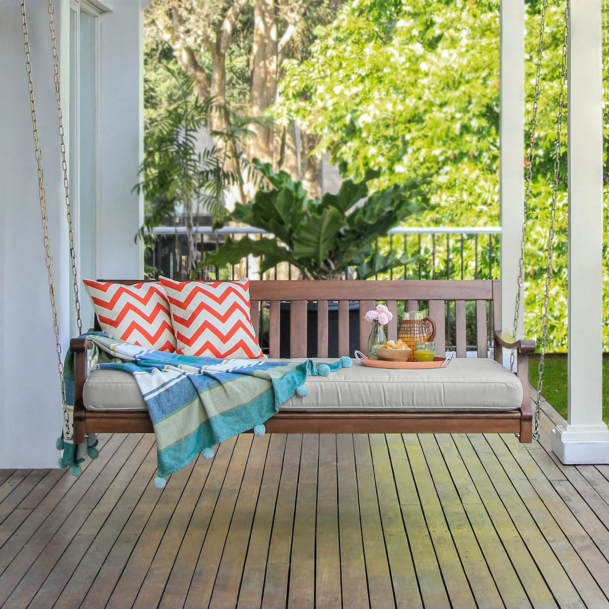 Cambridge Casual Alston Mahogany Porch Swing Sofa Daybed with Seat Cushion Natural Brown