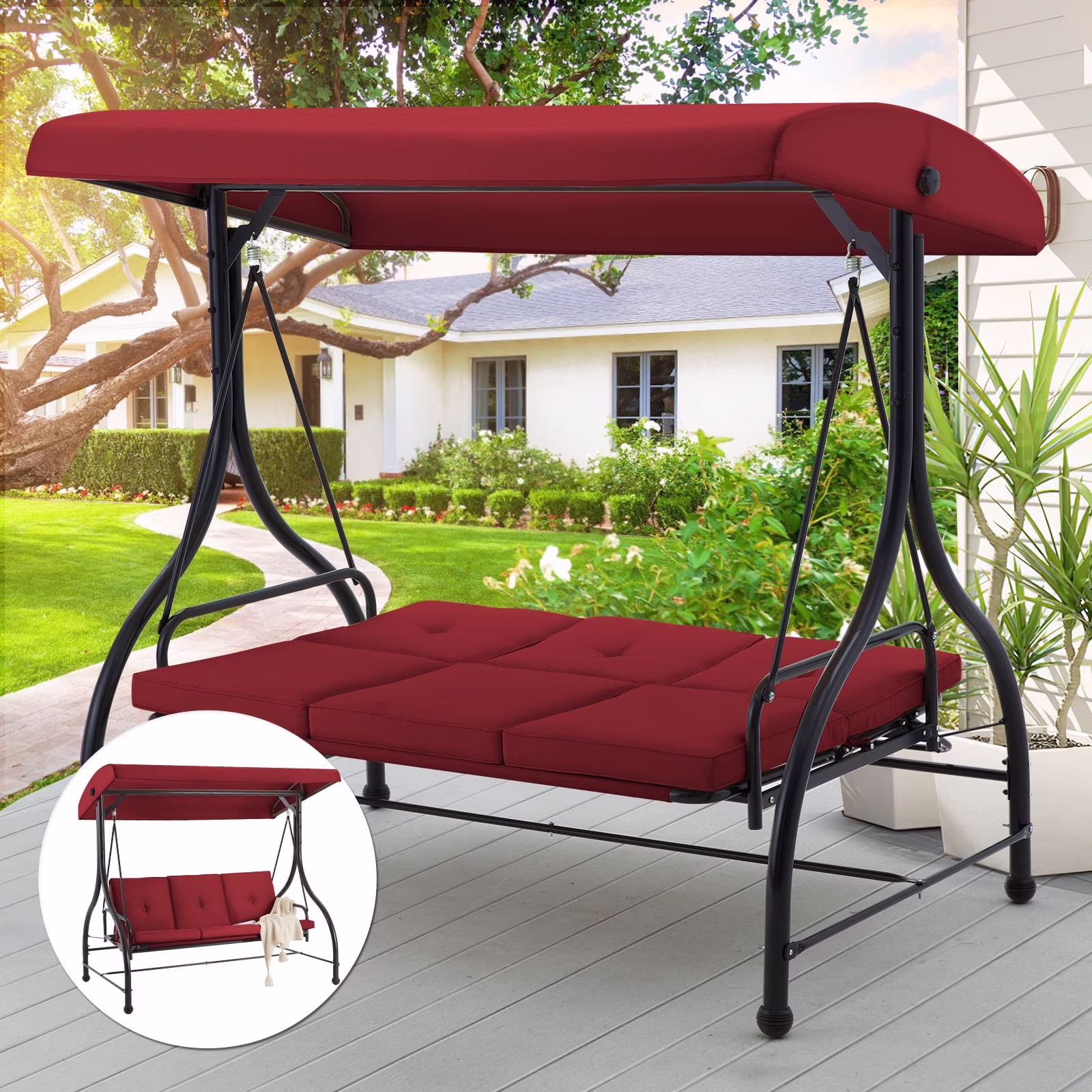 AECOJOY 3 Person Canopy Steel Porch Swing, Converting Swing Glider Hammock-Beige - Image 5